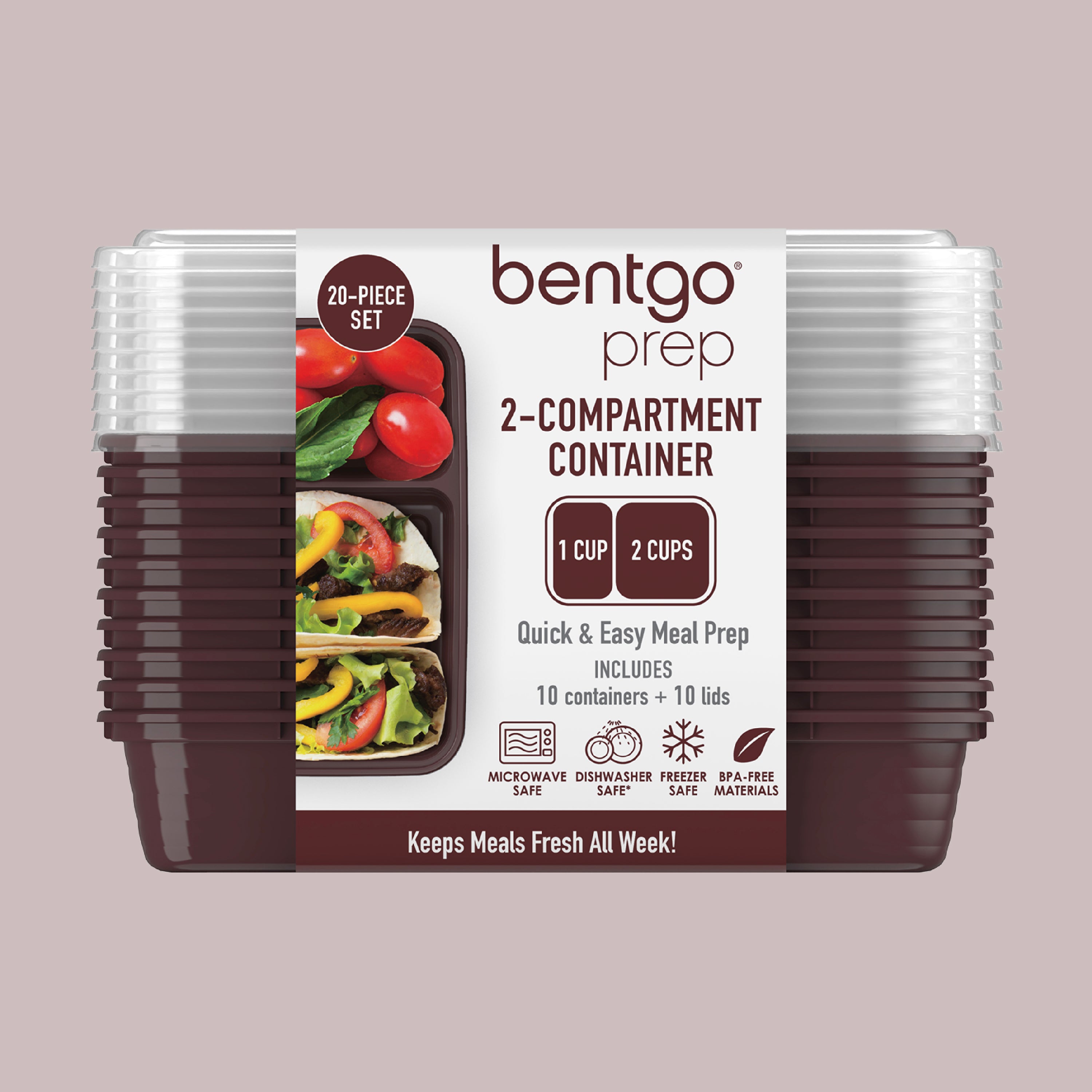 Bentgo® Prep 2-Compartment Meal Prep Containers (20-Piece)  - Burgundy | Packaging