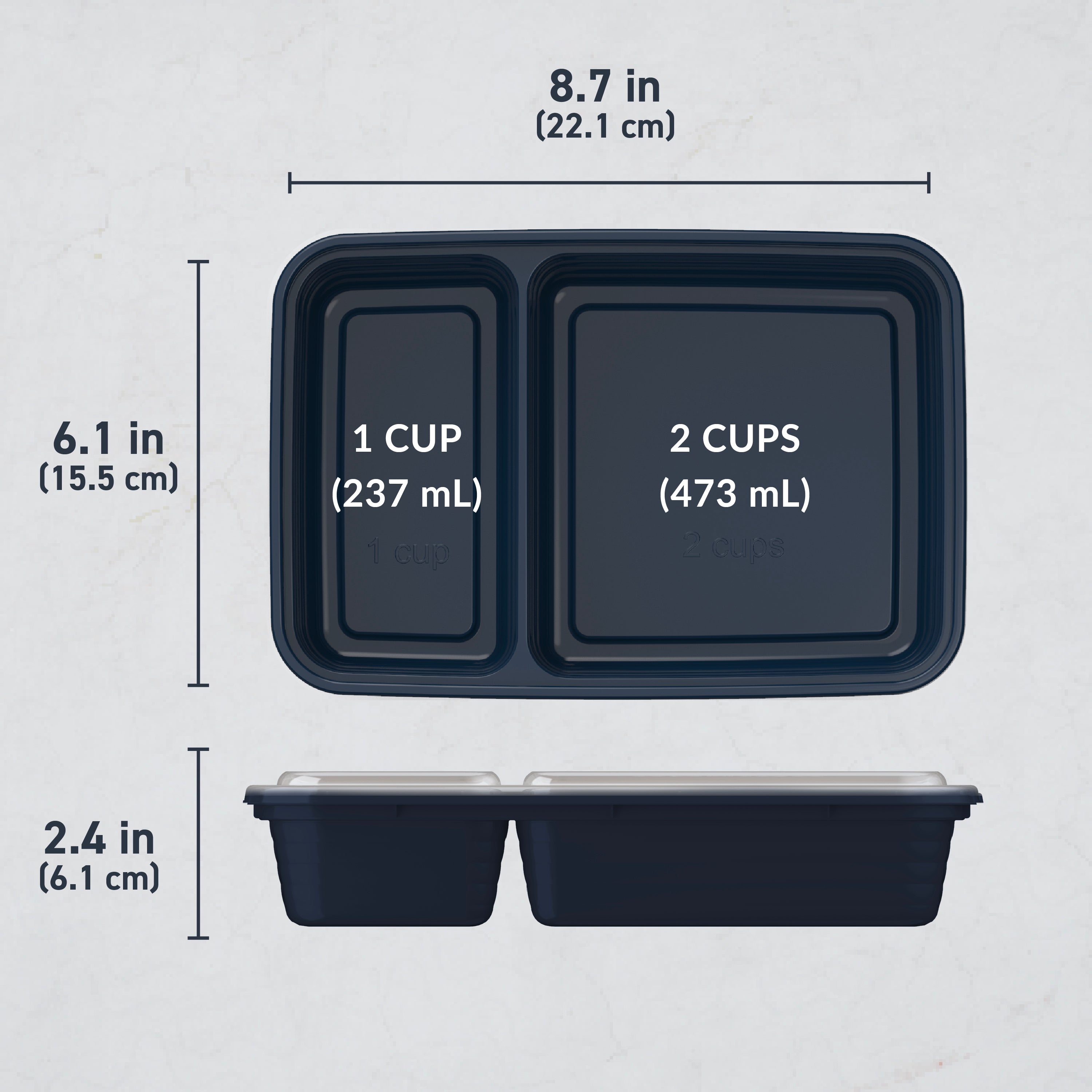 Bentgo® Prep 2-Compartment Meal Prep Containers (20-Piece)  - Navy Blue | Dimensions