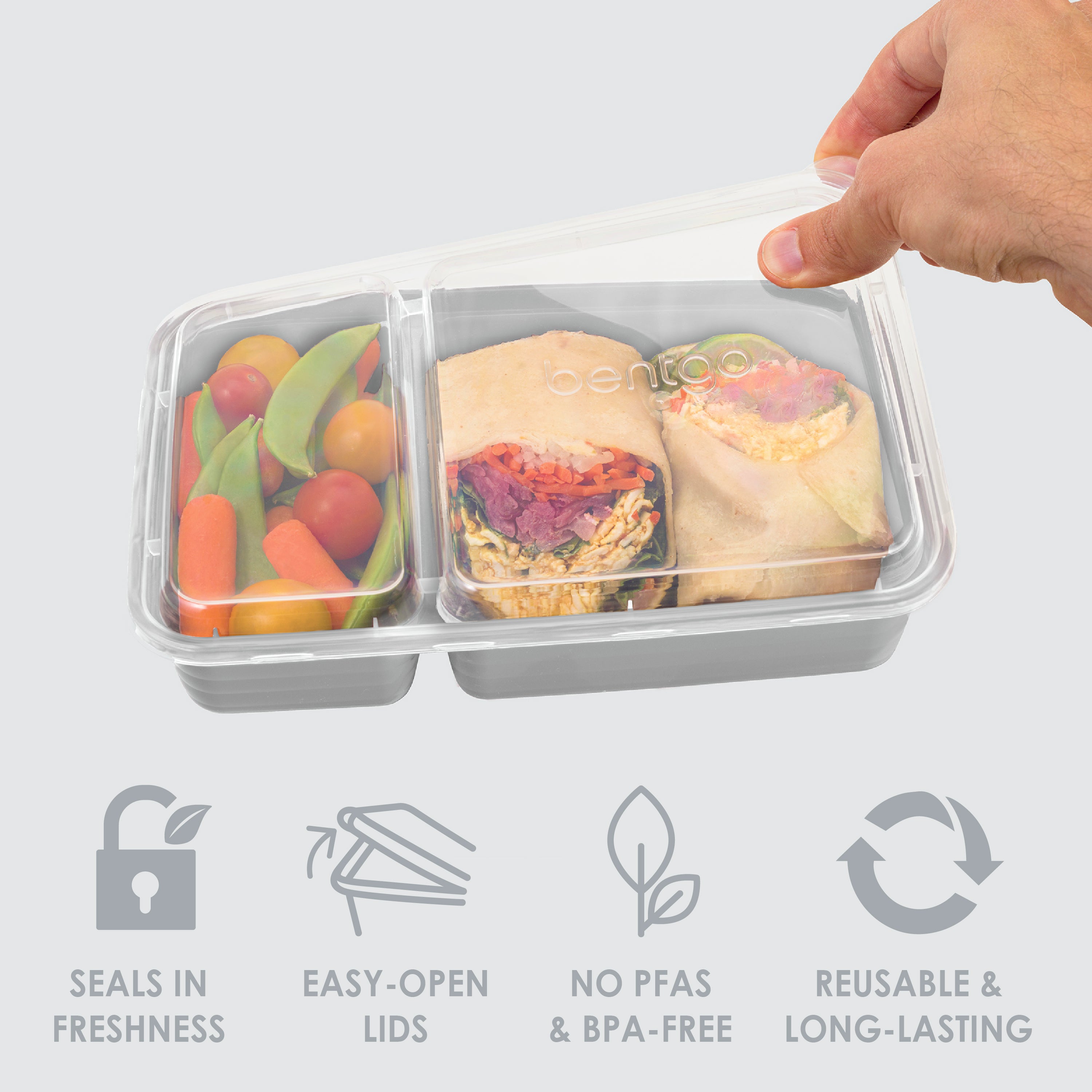 Bentgo® Prep 2-Compartment Meal Prep Containers (20-Piece)  - Silver | Seals In Freshness, Easy-Open Lids, NO PFAS & BPA-Free, Reusable & Long-Lasting