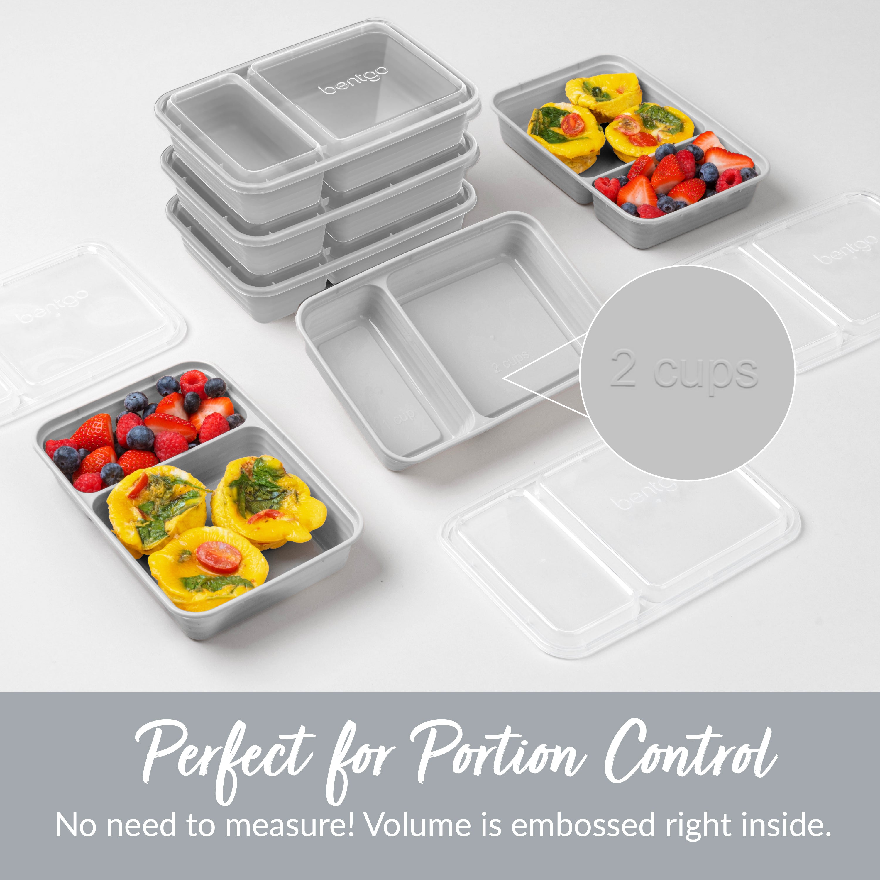 Bentgo® Prep 2-Compartment Meal Prep Containers (20-Piece)  - Silver | Perfect For Portion Control - No Need To Measure! Volume Is Embossed Right Inside