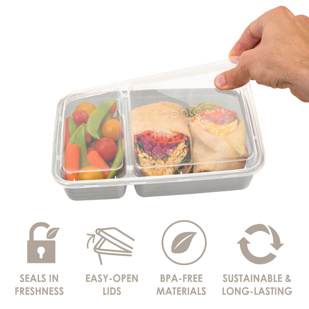 Bentgo® Prep 2-Compartment Meal Prep Containers seal in freshness, have easy-open lids, are made of BPA-free materials, are sustainable and long lasting.