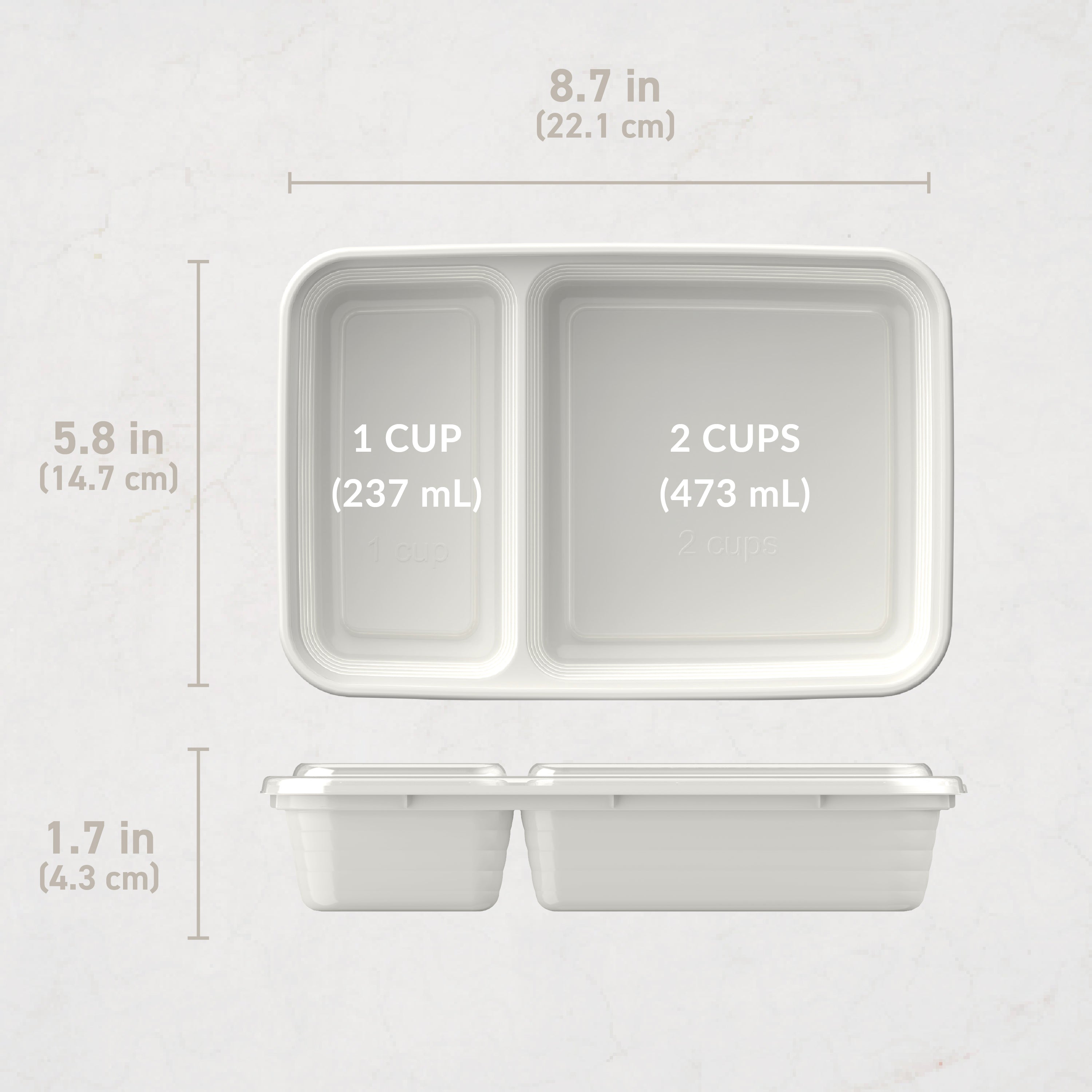 Bentgo® Prep 2-Compartment Meal Prep Containers (20-Piece)  - Whisper Gray | Dimensions