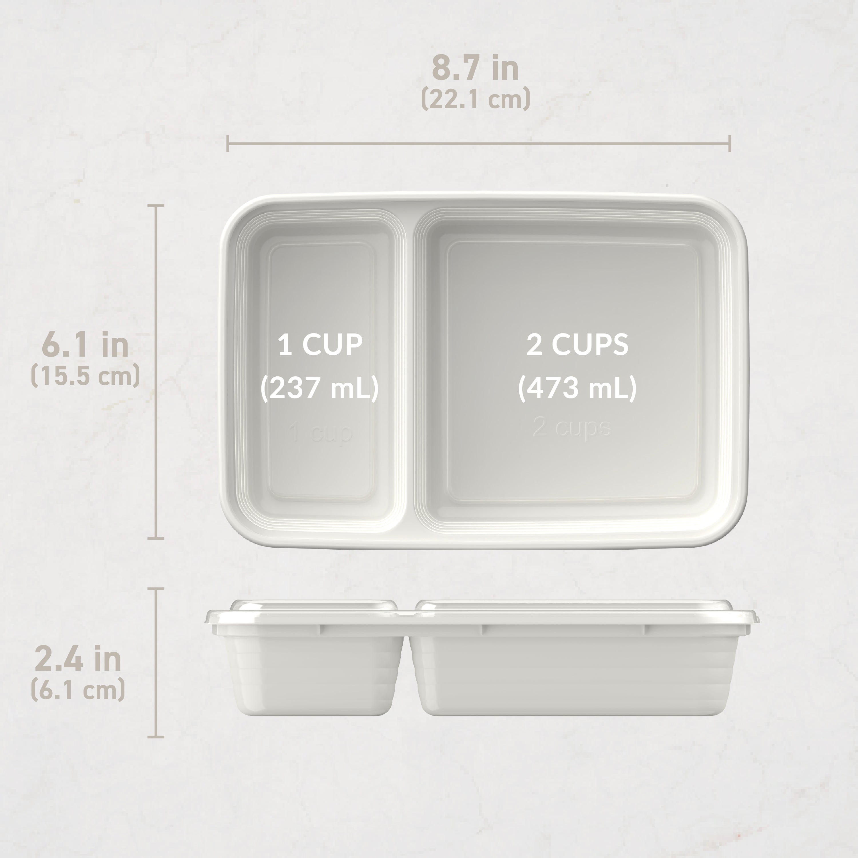 Bentgo® Prep 2-Compartment Meal Prep Containers (20-Piece)  - Whisper Gray | Dimensions