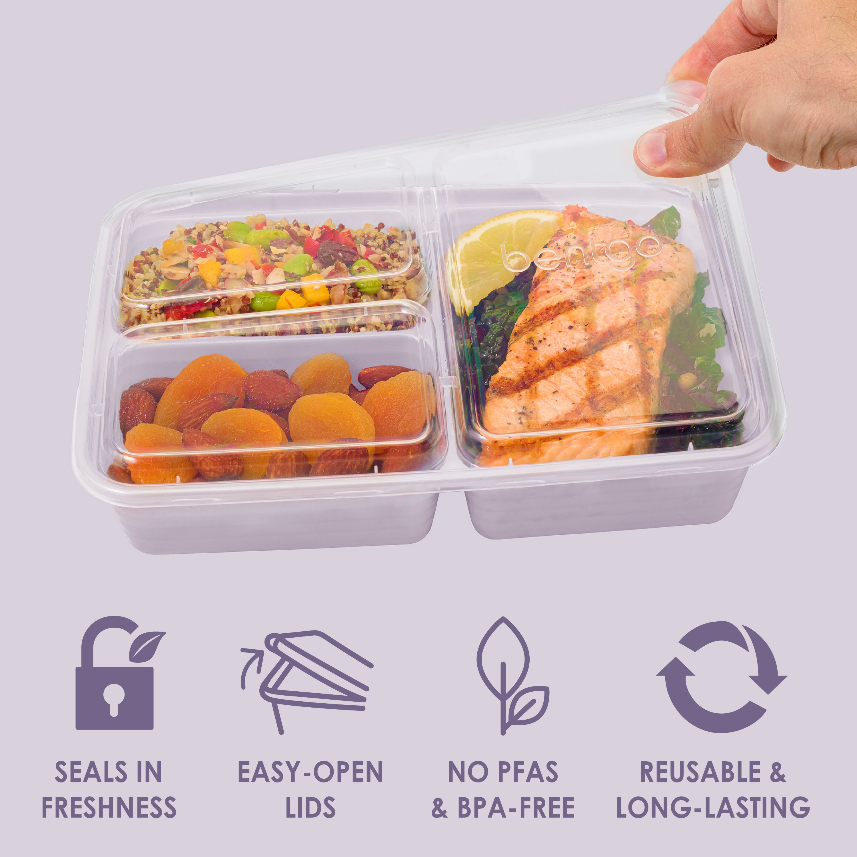Bentgo® Prep 3-Compartment Meal Prep Containers (20-Piece)  - Lilac | Seals In Freshness, Easy-Open Lids, NO PFAS & BPA-Free, Reusable & Long-Lasting