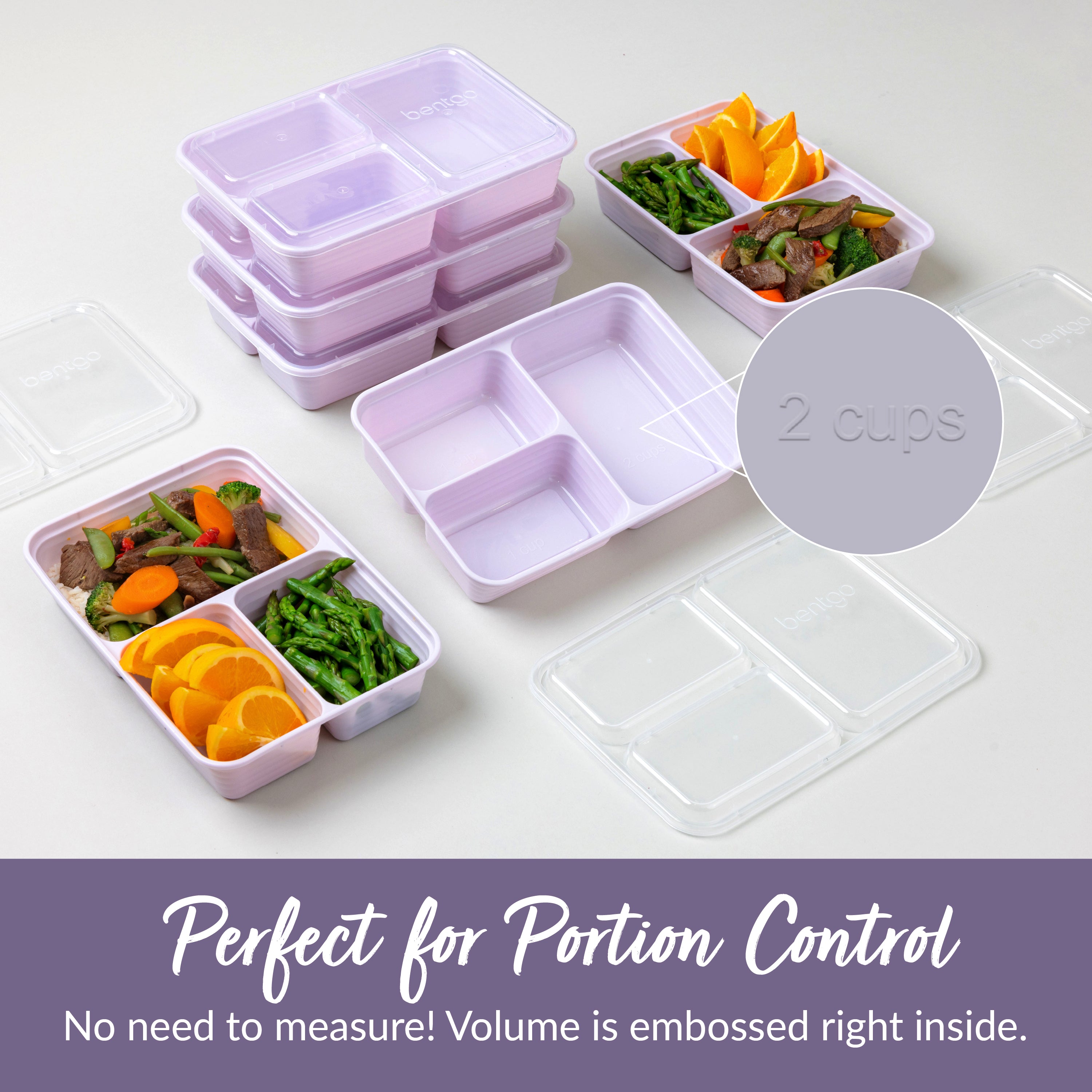 Bentgo® Prep 3-Compartment Meal Prep Containers (20-Piece)  - Lilac | Perfect For Portion Control - No Need To Measure! Volume Is Embossed Right Inside