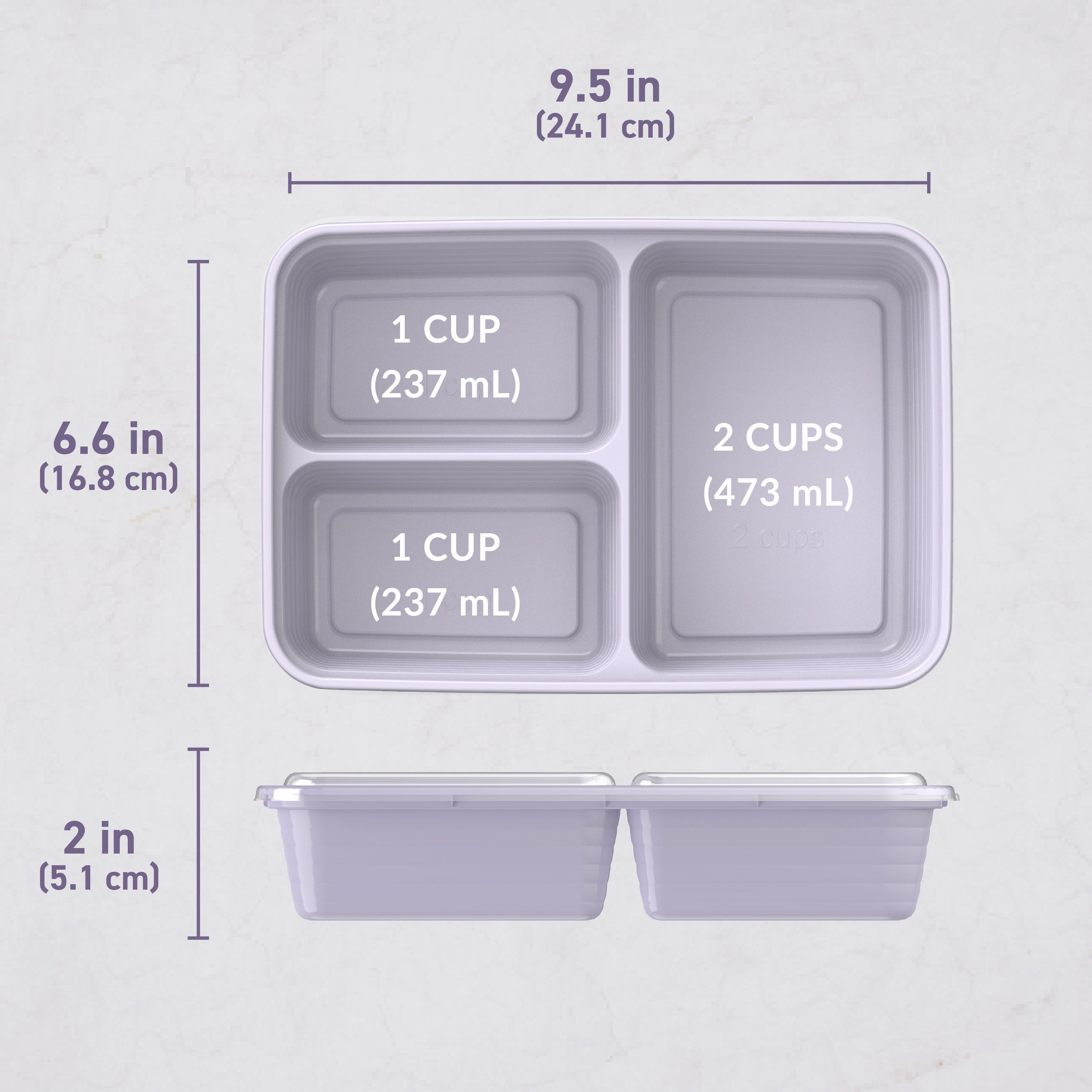 Bentgo® Prep 3-Compartment Meal Prep Containers (20-Piece)  - Lilac | Dimensions