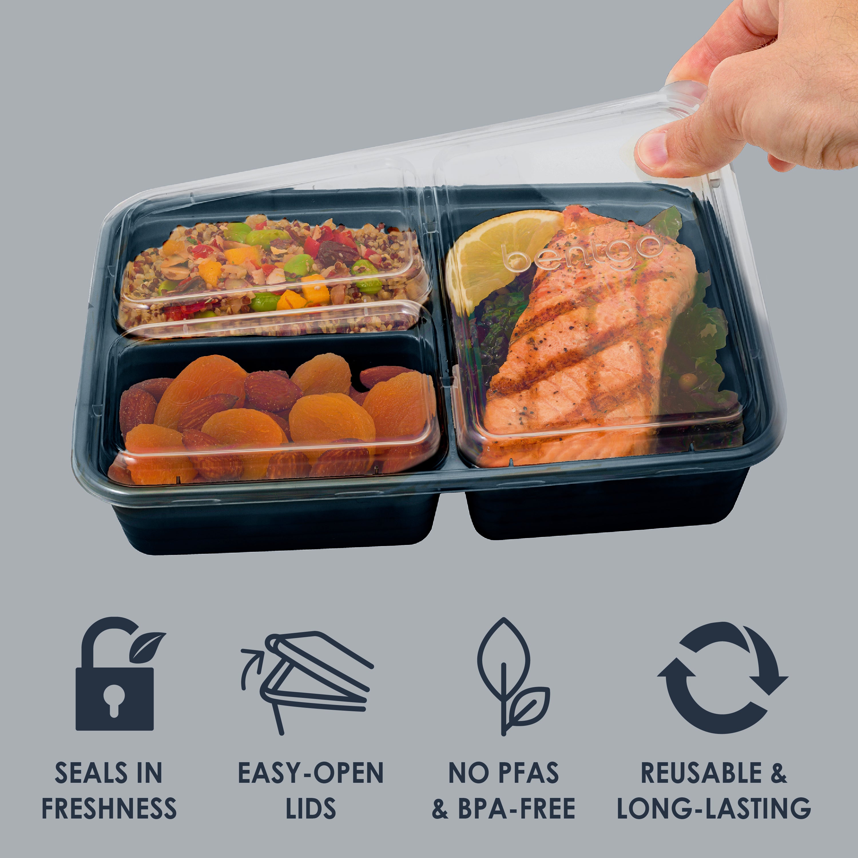 Bentgo® Prep 3-Compartment Meal Prep Containers (20-Piece)  - Navy Blue | Seals In Freshness, Easy-Open Lids, NO PFAS & BPA-Free, Reusable & Long-Lasting