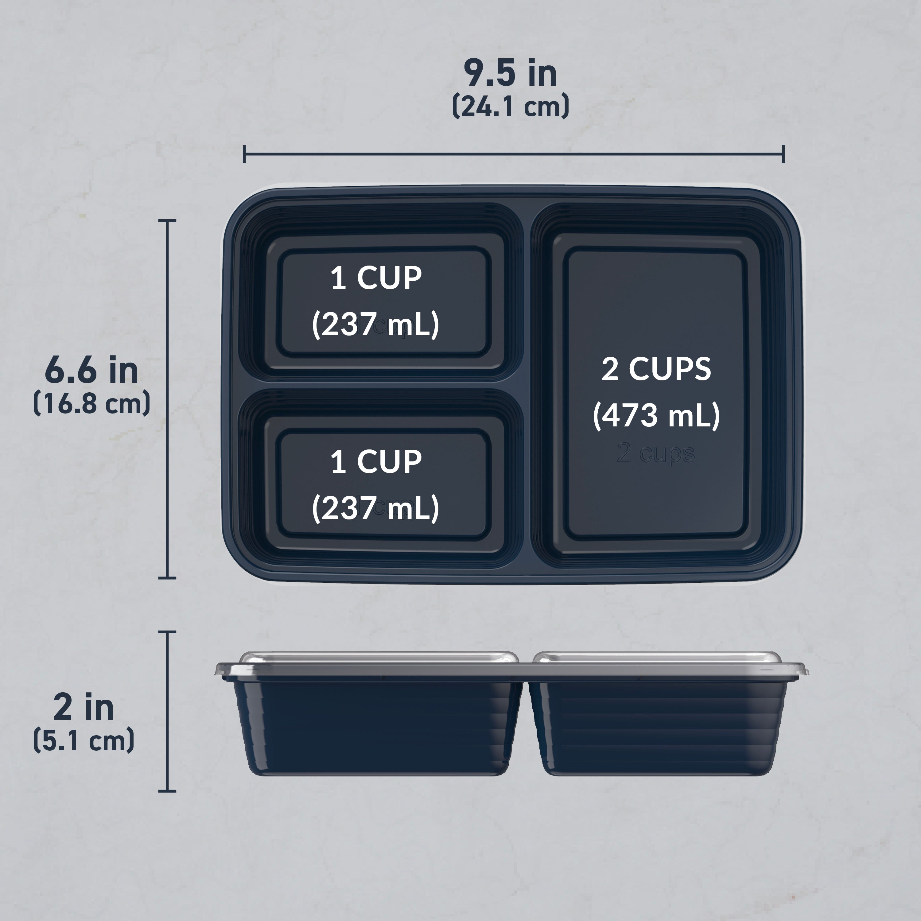 Bentgo® Prep 3-Compartment Meal Prep Containers (20-Piece)  - Navy Blue | Dimensions