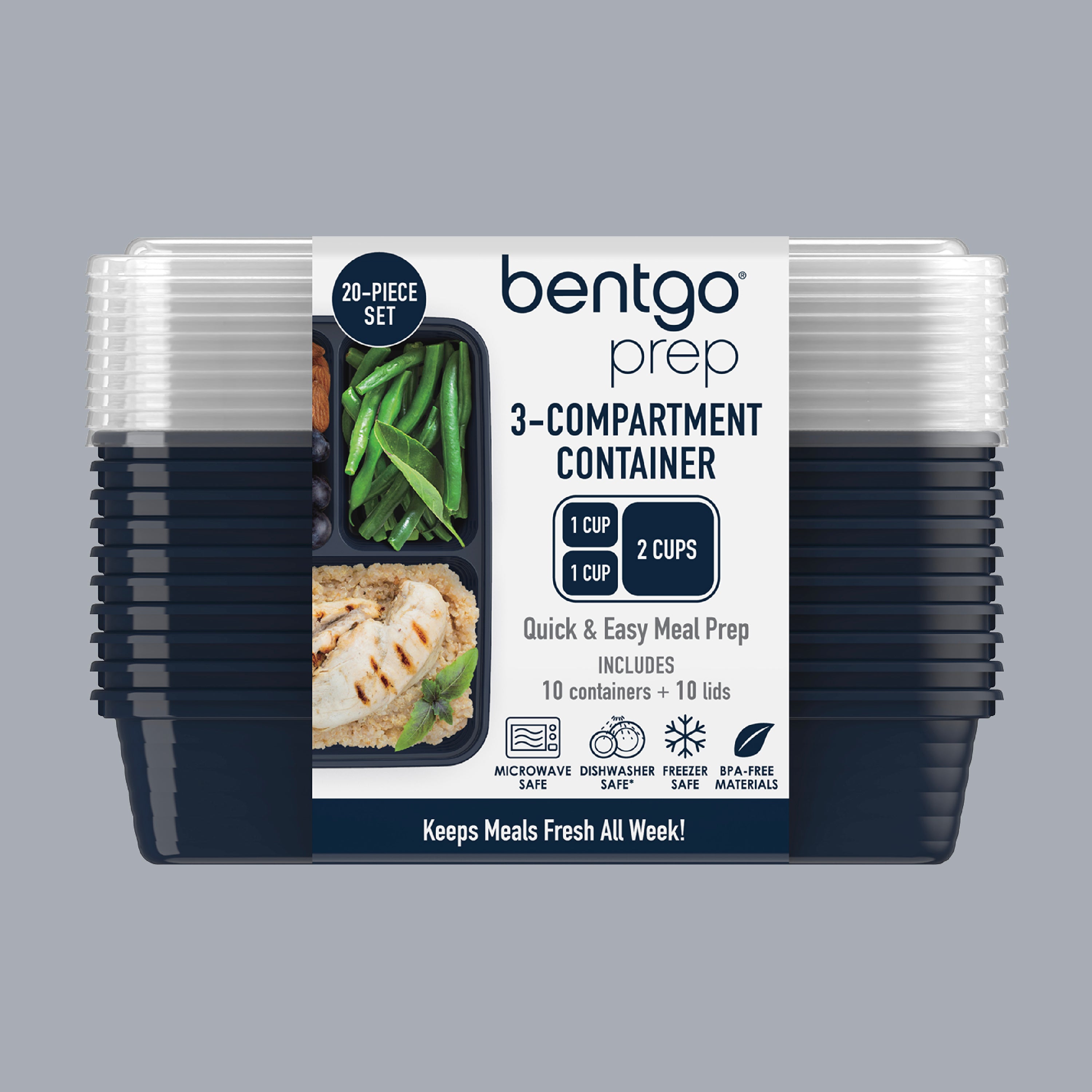 Bentgo® Prep 3-Compartment Meal Prep Containers (20-Piece)  - Navy Blue | Packaging