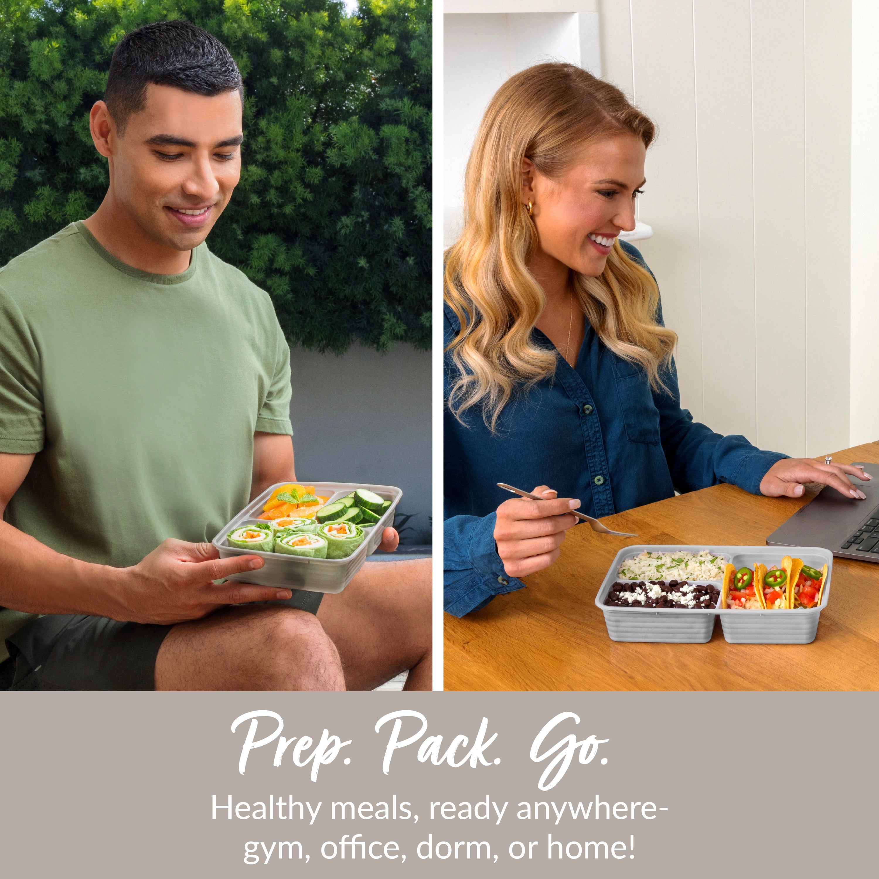 Bentgo® Prep 3-Compartment Meal Prep Containers (20-Piece)  - Stone Gray | Prep. Pack. Go. - Healthy Meals, Ready Anywhere - Gym, Office, Dorm, Or Home!