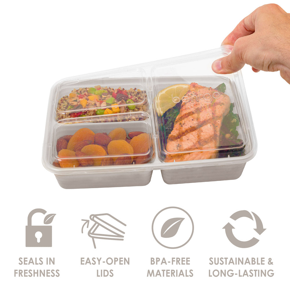 Bentgo® Prep 3-Compartment Meal Prep Containers in Stone Gray. They seal in freshness, have easy-open lids, are made of BPA-free materials, are sustainable and long lasting.