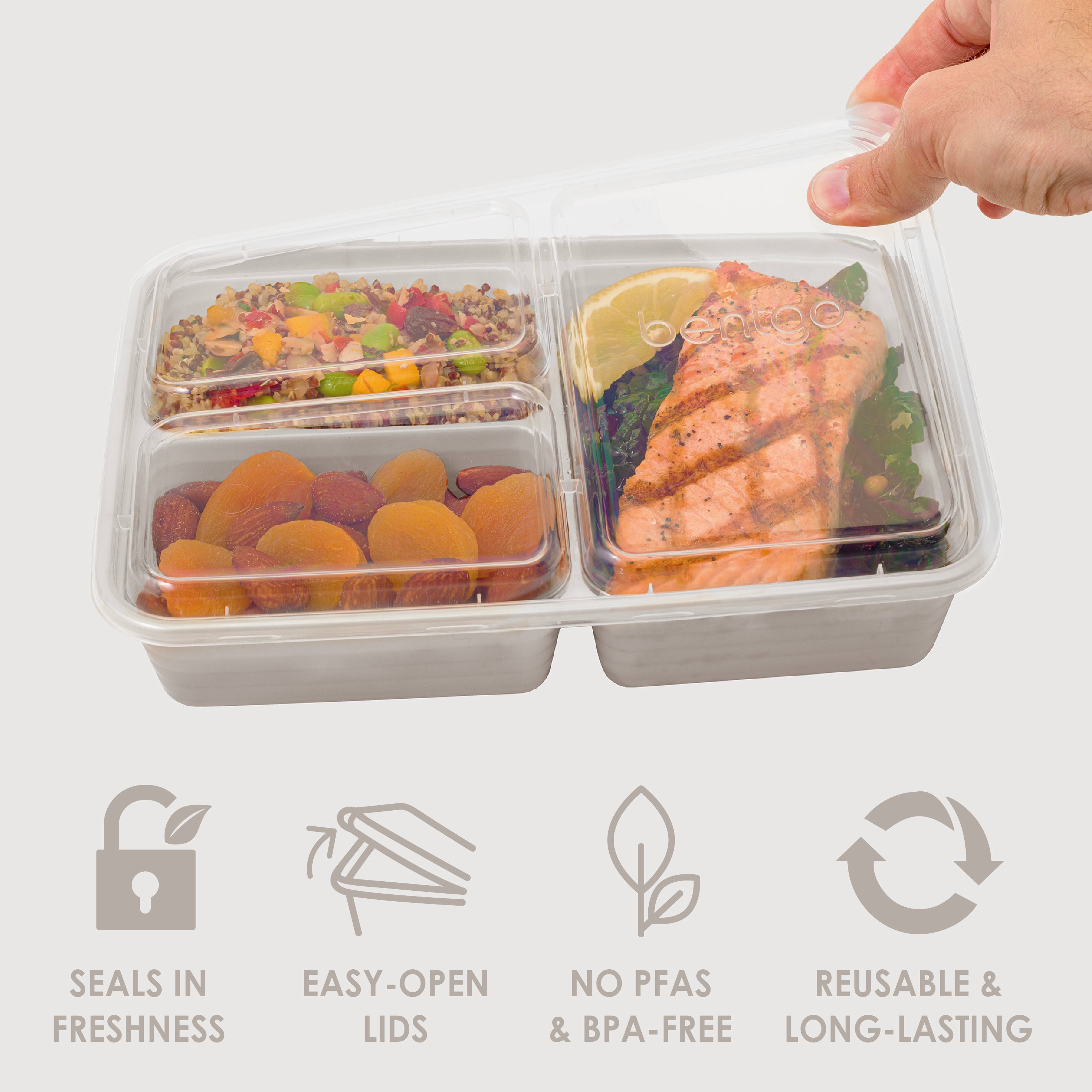Bentgo® Prep 3-Compartment Meal Prep Containers (20-Piece)  - Stone Gray | Seals In Freshness, Easy-Open Lids, NO PFAS & BPA-Free, Reusable & Long-Lasting