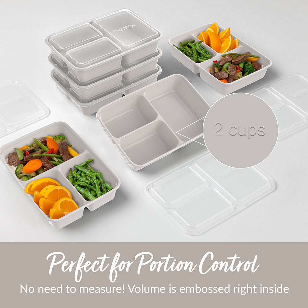 Bentgo® Prep 3-Compartment Meal Prep Containers in Stone Gray. They are perfect for potion control. No need to measure, volume is embossed right inside.