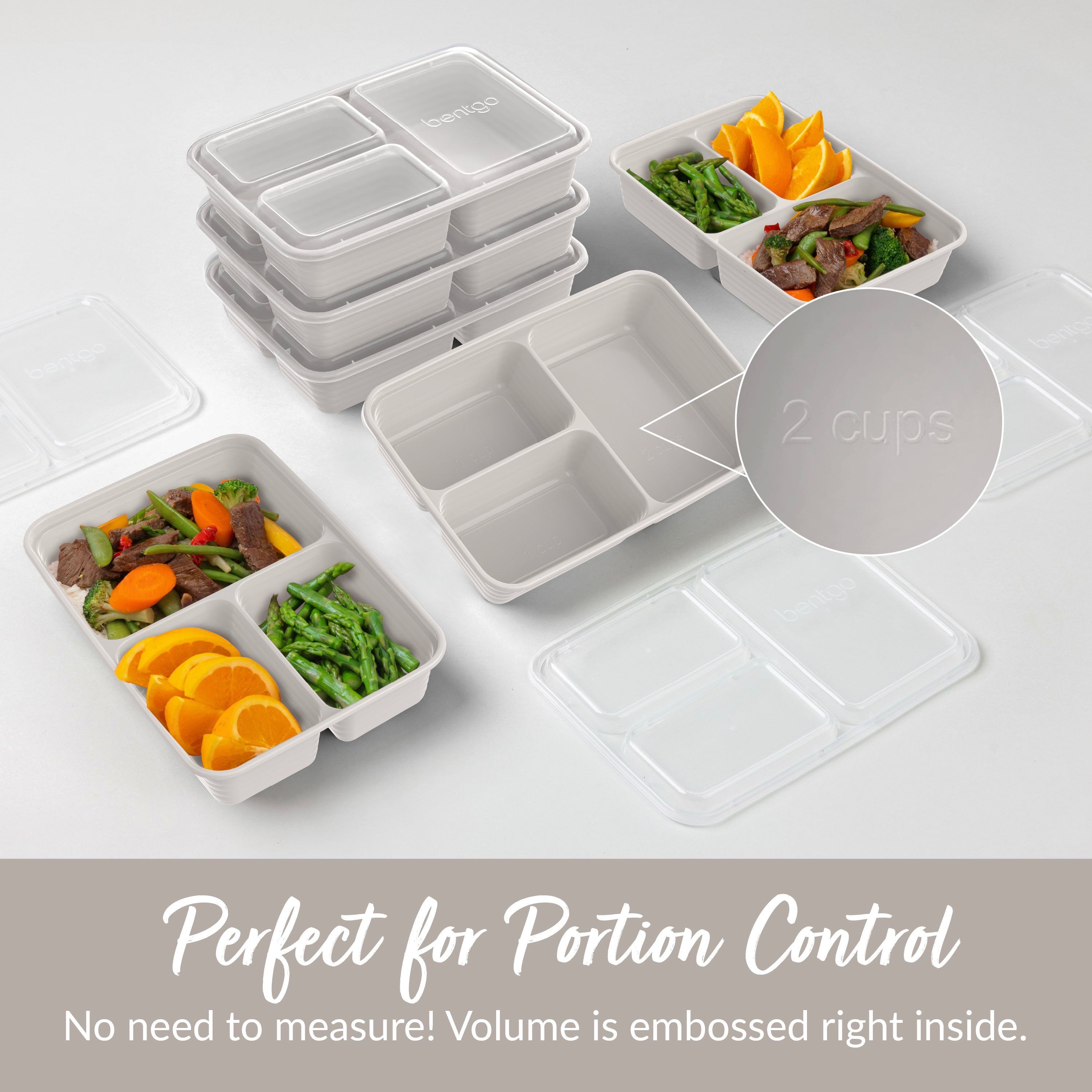 Bentgo® Prep 3-Compartment Meal Prep Containers (20-Piece)  - Stone Gray | Perfect For Portion Control - No Need To Measure! Volume Is Embossed Right Inside