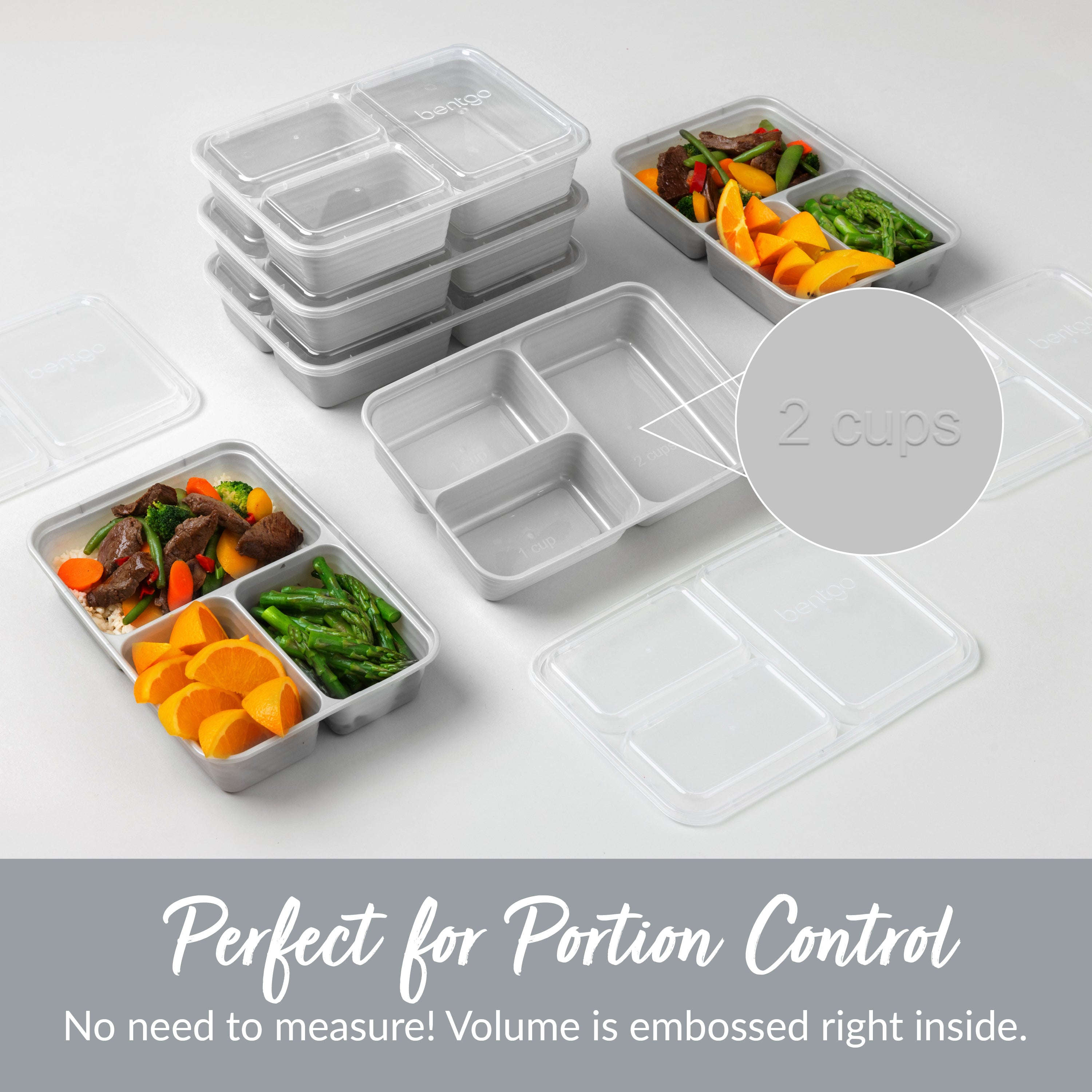 Bentgo® Prep 3-Compartment Meal Prep Containers (20-Piece)  - Silver | Perfect For Portion Control - No Need To Measure! Volume Is Embossed Right Inside