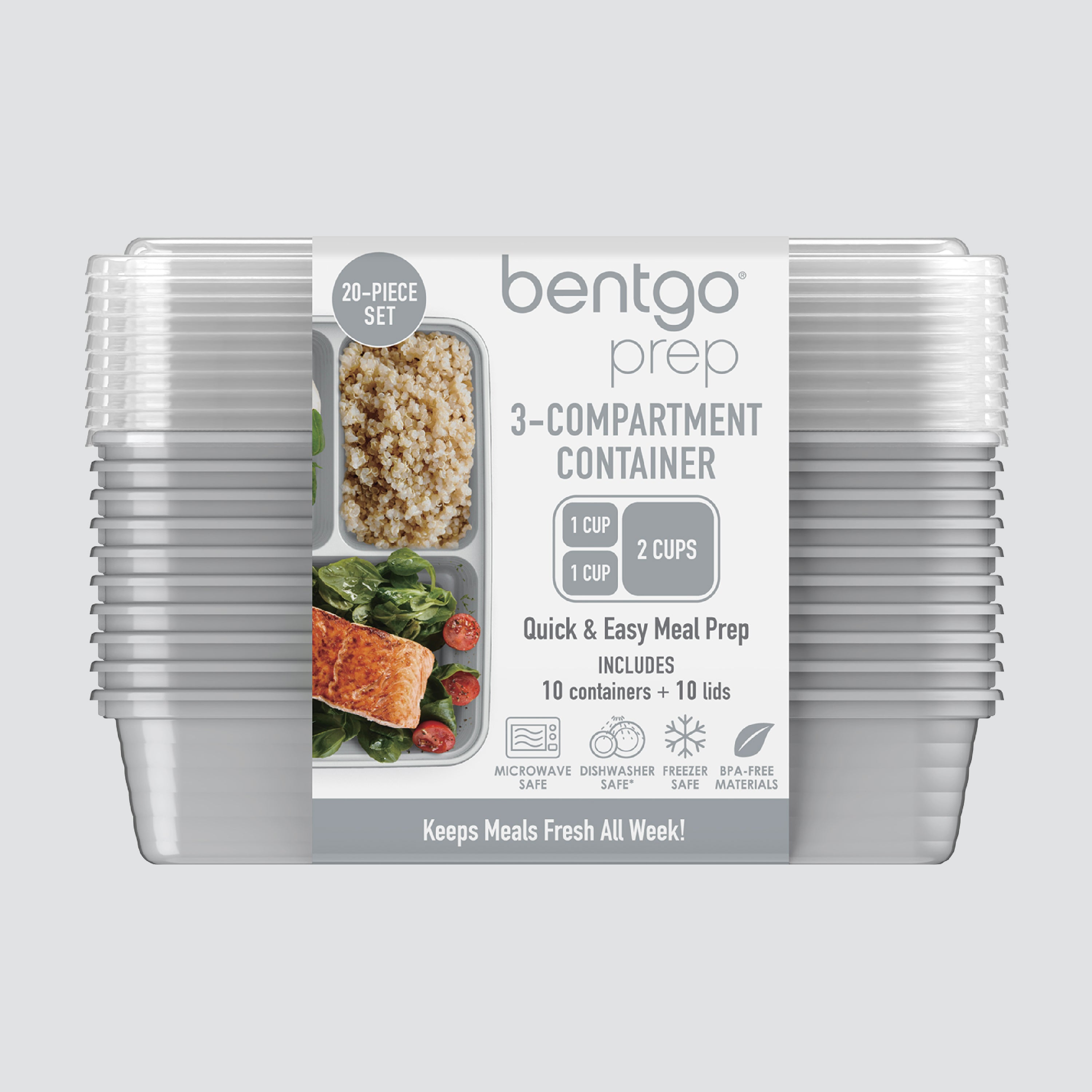 Bentgo® Prep 3-Compartment Meal Prep Containers (20-Piece)  - Silver | Packaging
