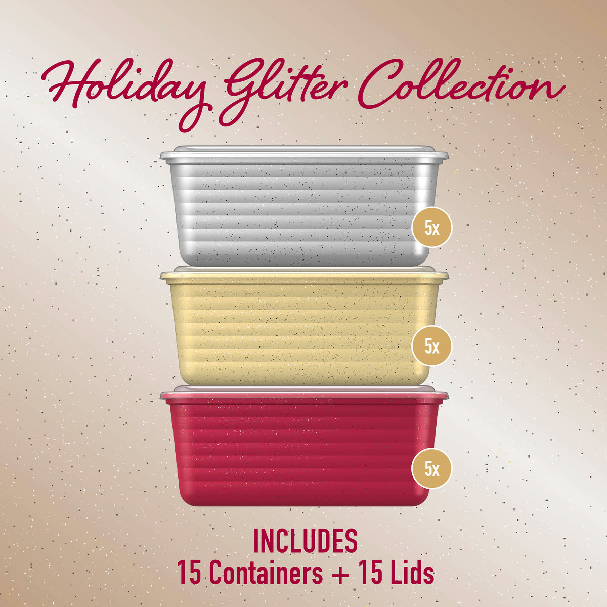 Bentgo® Prep Deep-Dish Holiday Food Storage Set (30-Pieces) | Holiday Glitter Collection Includes 15 Containers + 15 Lids