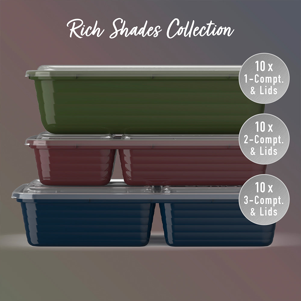 Bentgo® Prep 60-Piece Meal Prep Kit  - Rich Shades | 10x 1-Compartment & Lids, 10x 2-Compartment Containers & Lids And 30x 3-Compartment Containers & Lids