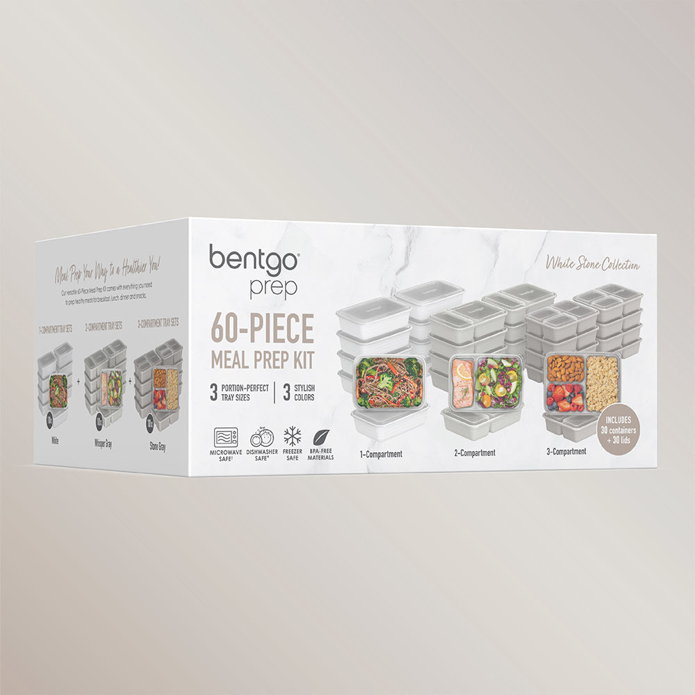 Bentgo® 60-Piece Prep Kit - White Stone | Containers that come with 1-Compartment, 2-Comportment, and 3-Comportment