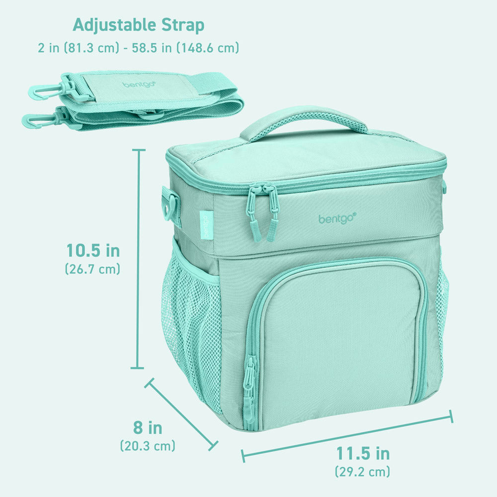 Bentgo Prep Deluxe Multimeal Bag in Coastal Aqua. Dimensions Image.
