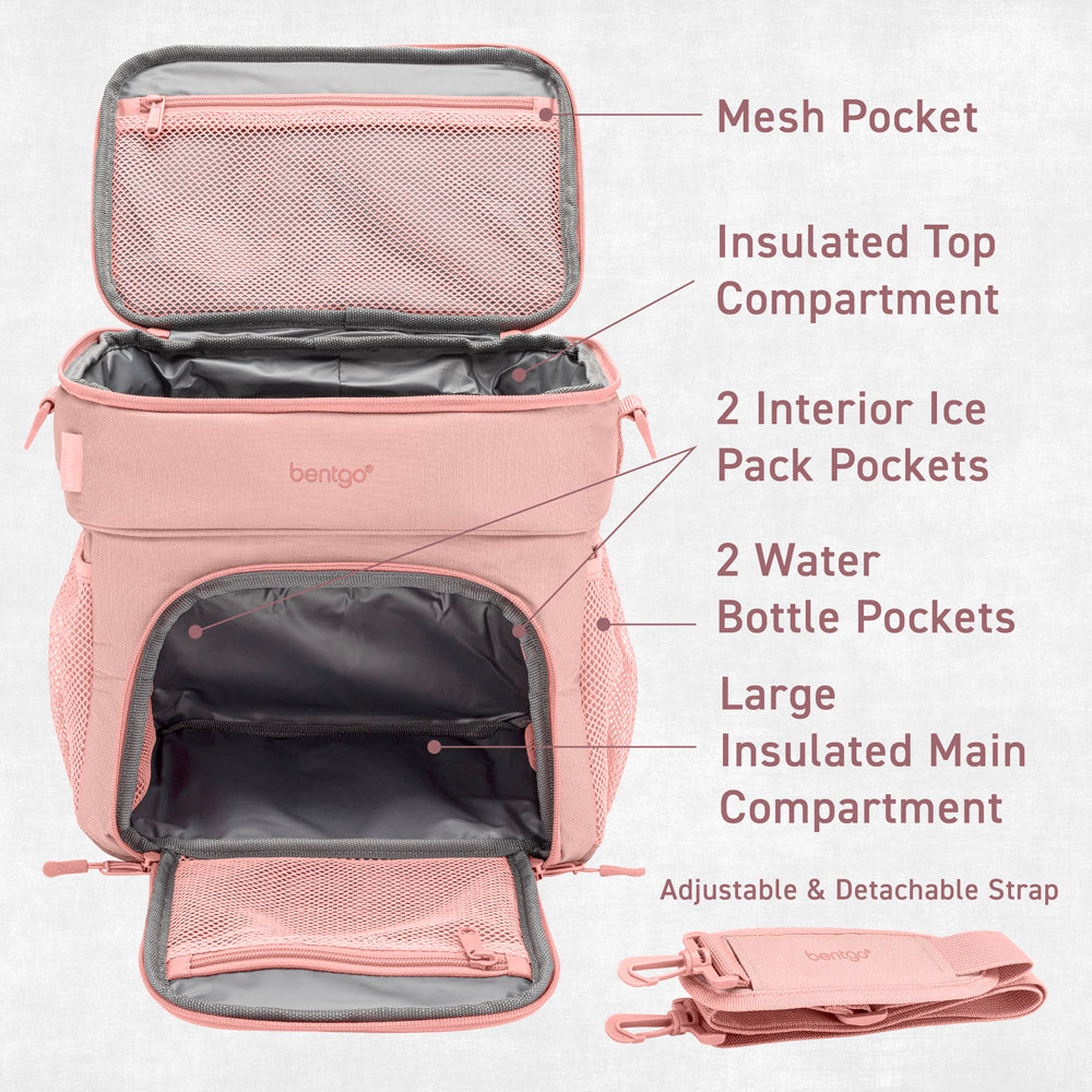 Bentgo Prep Deluxe Multimeal Bag in Blush Features a Mesh Pocket, an Insulated Top Compartment, 2 Interior Ice Pack Pockets, 2 Water Bottle Pockets, 1 Large Insulated Main Compartment.