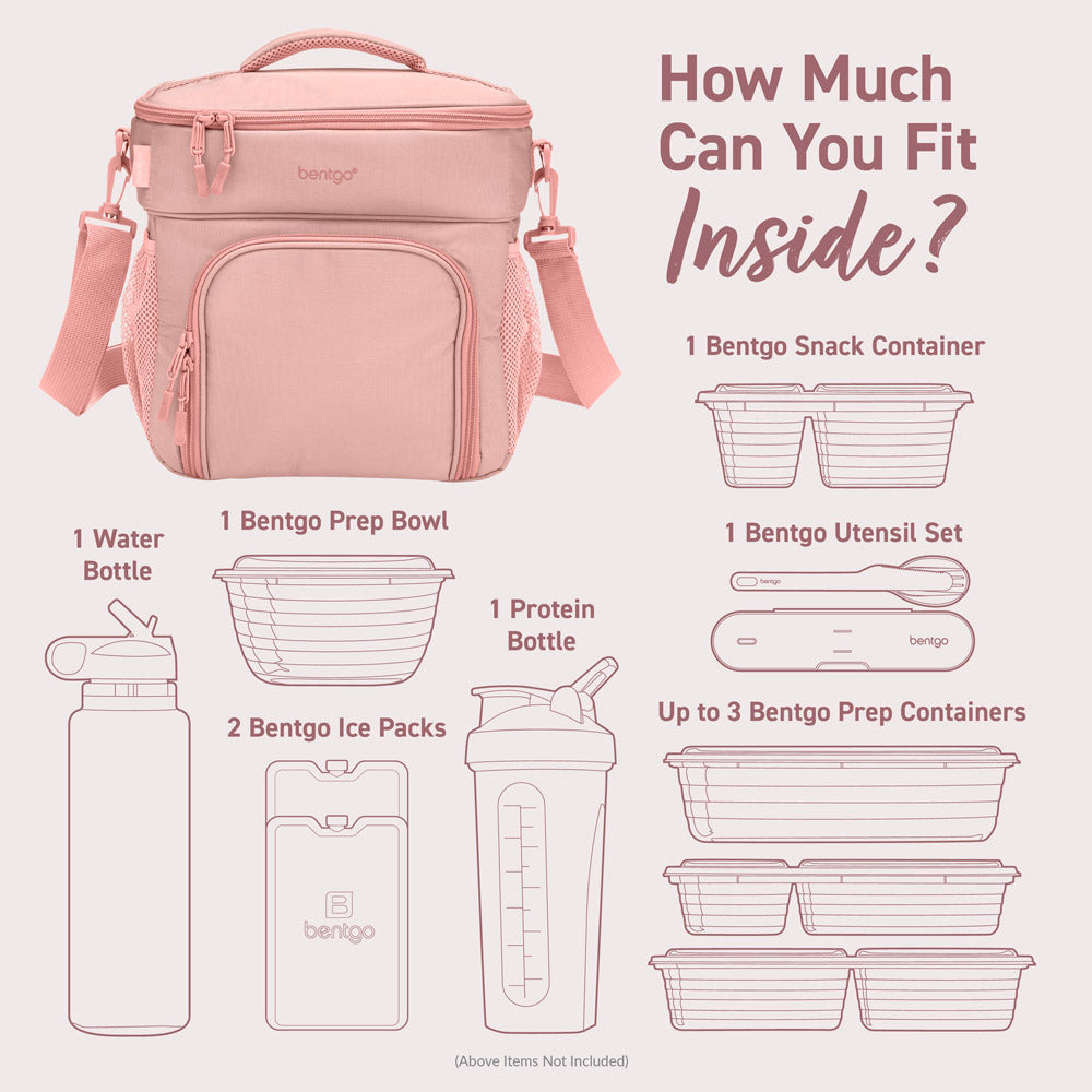 Bentgo Prep Deluxe Multimeal Bag in Blush can fit 1 snack container, up to 3 prep containers, 1 prep bowl, 2 ice packs, 2 bottles, and a utensil set.