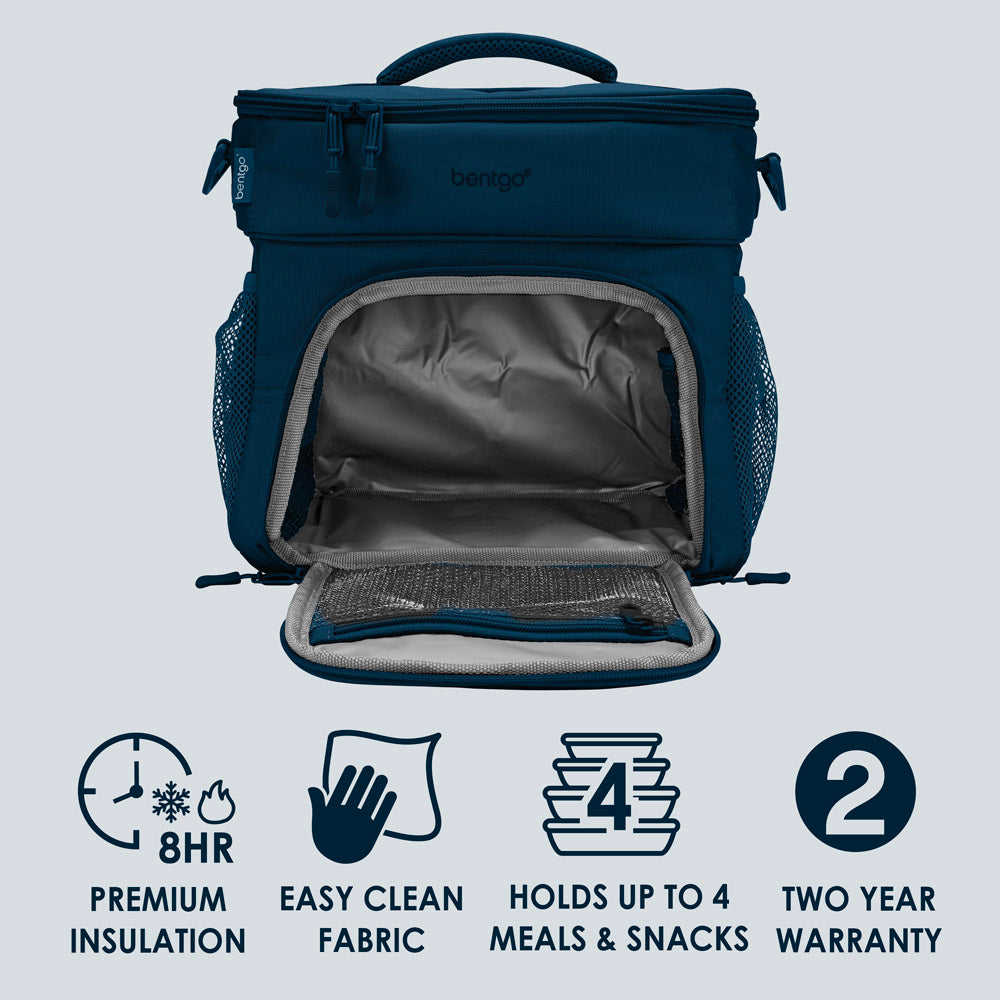 Bentgo Prep Deluxe Multimeal Bag in Navy Blue. 8hour Premium Insulation. Easy Clean Fabric. Holds Up To 4 Meals & Snacks. 2 Year Warranty.