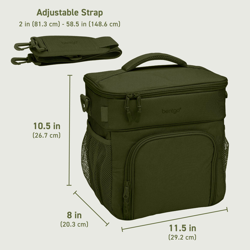 Bentgo Prep Deluxe Multimeal Bag in Olive Green. Dimensions Image.