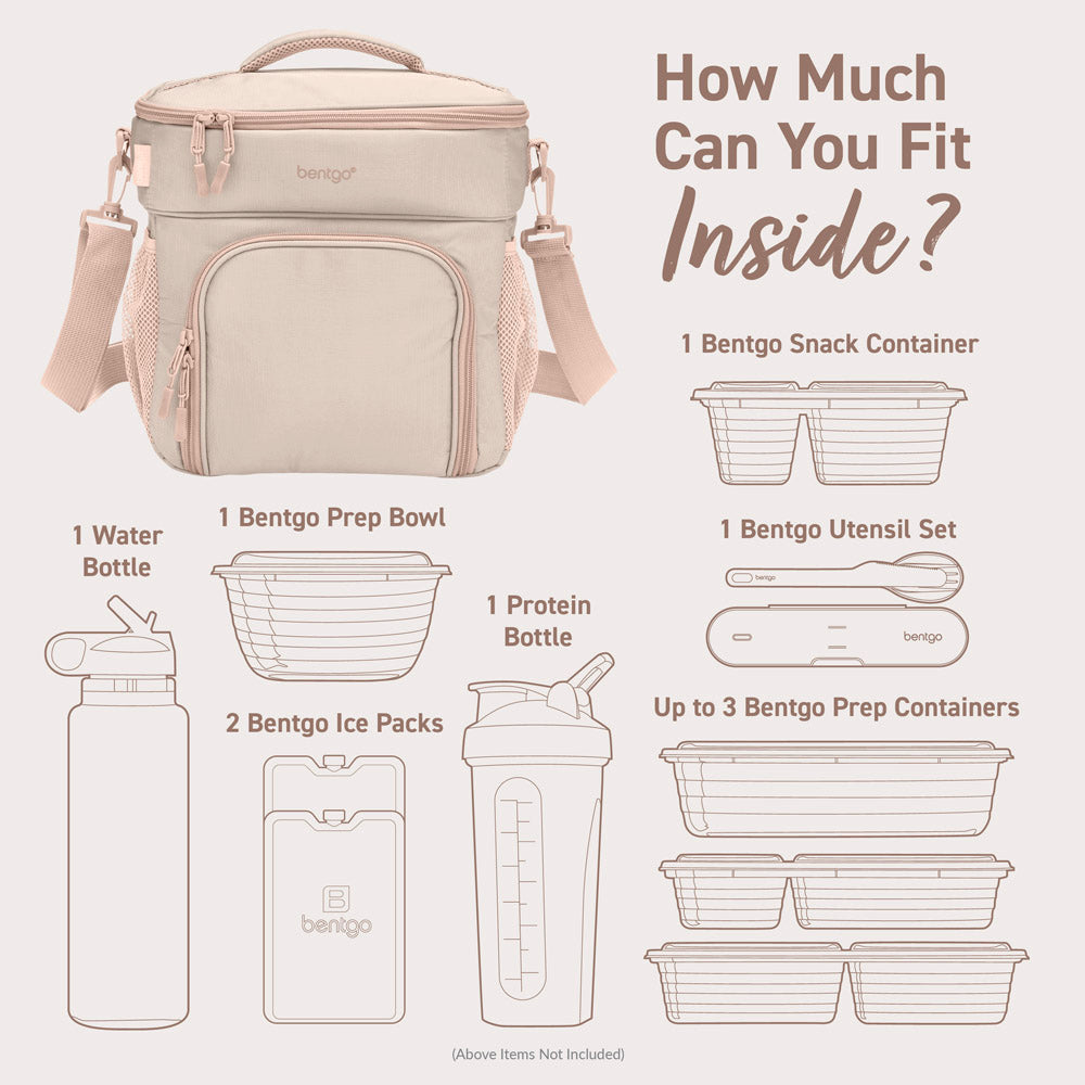 Bentgo Prep Deluxe Multimeal Bag in Sand can fit 1 snack container, up to 3 prep containers, 1 prep bowl, 2 ice packs, 2 bottles, and a utensil set.