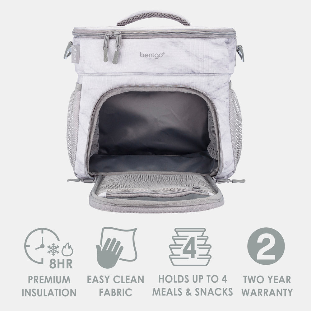 Bentgo Prep Deluxe Multimeal Bag in White Marble. 8hour Premium Insulation. Easy Clean Fabric. Holds Up To 4 Meals & Snacks. 2 Year Warranty.