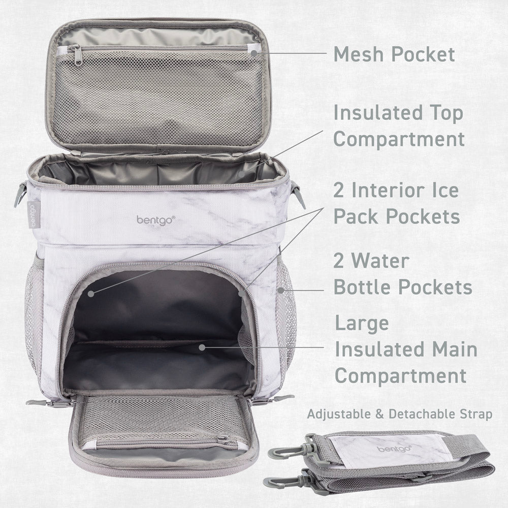 Bentgo Prep Deluxe Multimeal Bag in White Marble Features a Mesh Pocket, an Insulated Top Compartment, 2 Interior Ice Pack Pockets, 2 Water Bottle Pockets, 1 Large Insulated Main Compartment.