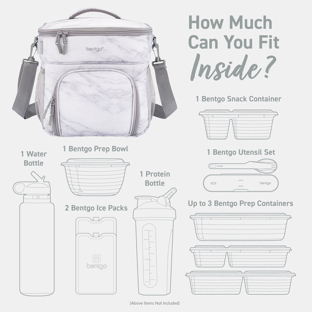 Bentgo Prep Deluxe Multimeal Bag in White Marble can fit 1 snack container, up to 3 prep containers, 1 prep bowl, 2 ice packs, 2 bottles, and a utensil set.