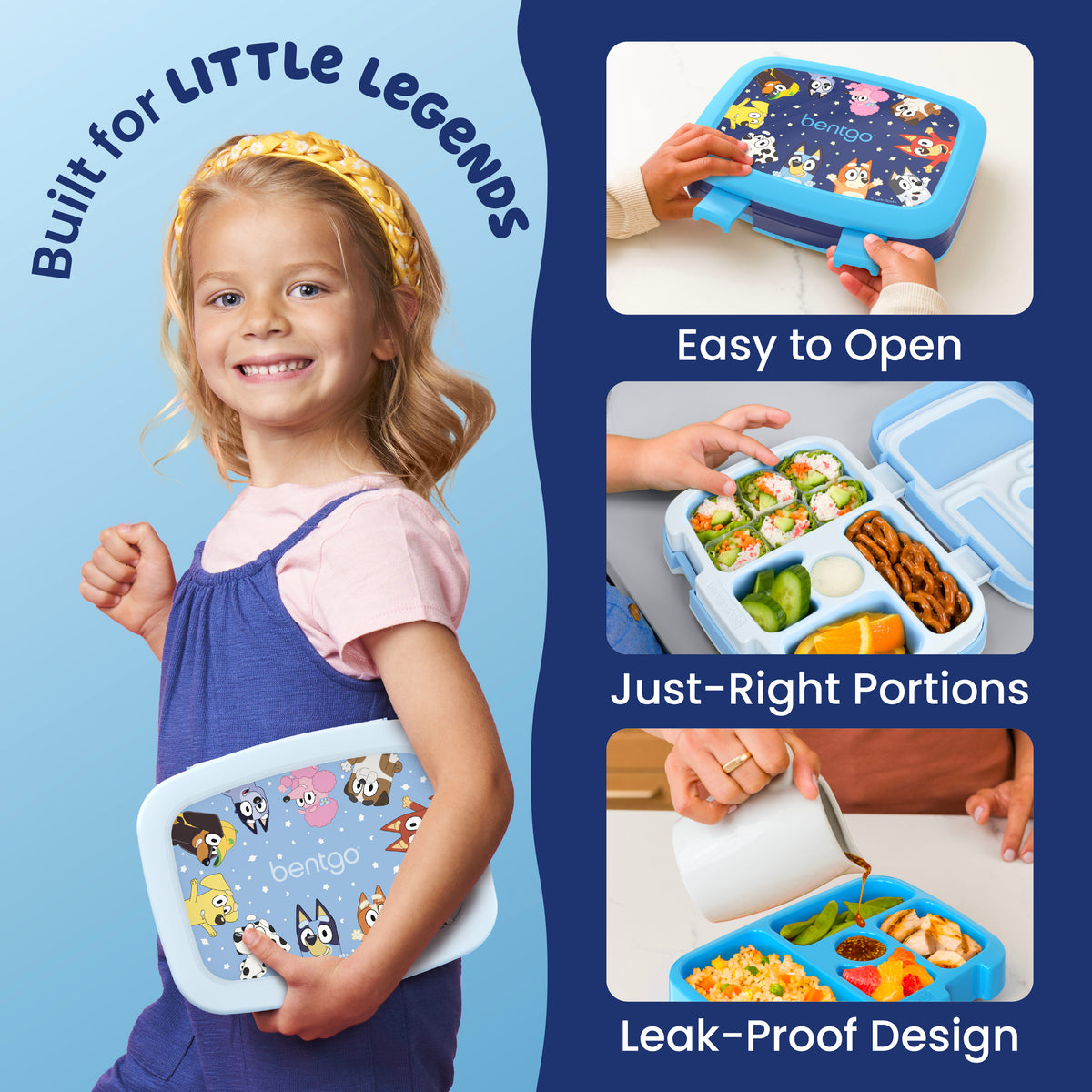 Bentgo® + Bluey Kids Prints Lunch Box (2-Pack) | Bluey’s Universe Two Pack - Dark Blue and Sky Blue - Built For Little Legends (Easy To Open, Just-Right Portions, and Leak-Proof Design)