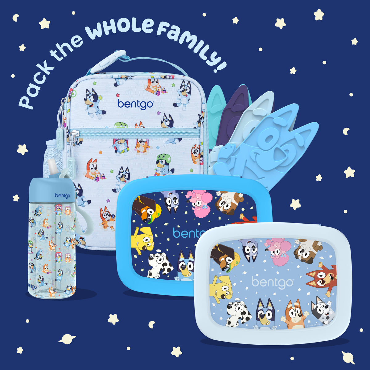 Bentgo® + Bluey Kids Prints Lunch Box (2-Pack) | Bluey’s Universe Two Pack - Dark Blue and Sky Blue - Pack The Whole Family - Set