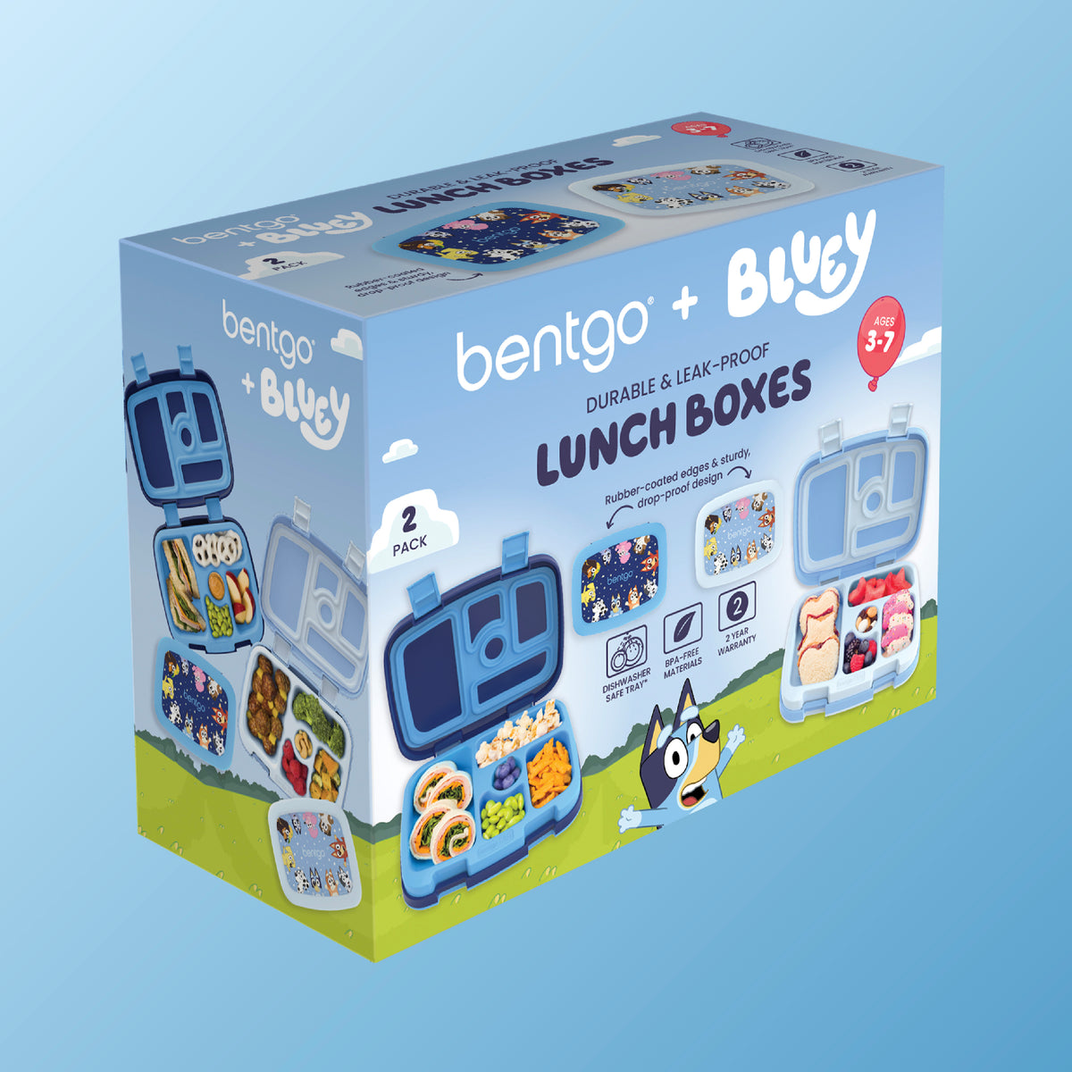 Bentgo® + Bluey Kids Prints Lunch Box (2-Pack) | Bluey’s Universe Two Pack - Dark Blue and Sky Blue - Packaging
