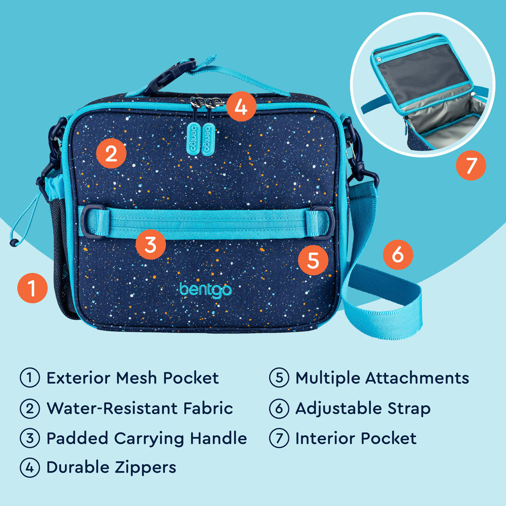 Bentgo® Kids Lunch Bag | Abyss Blue Speckle Confetti - Lunch Bag Features Include An Exterior Mesh Pocket, Padded Carrying Handle, Durable Zippers, and much more