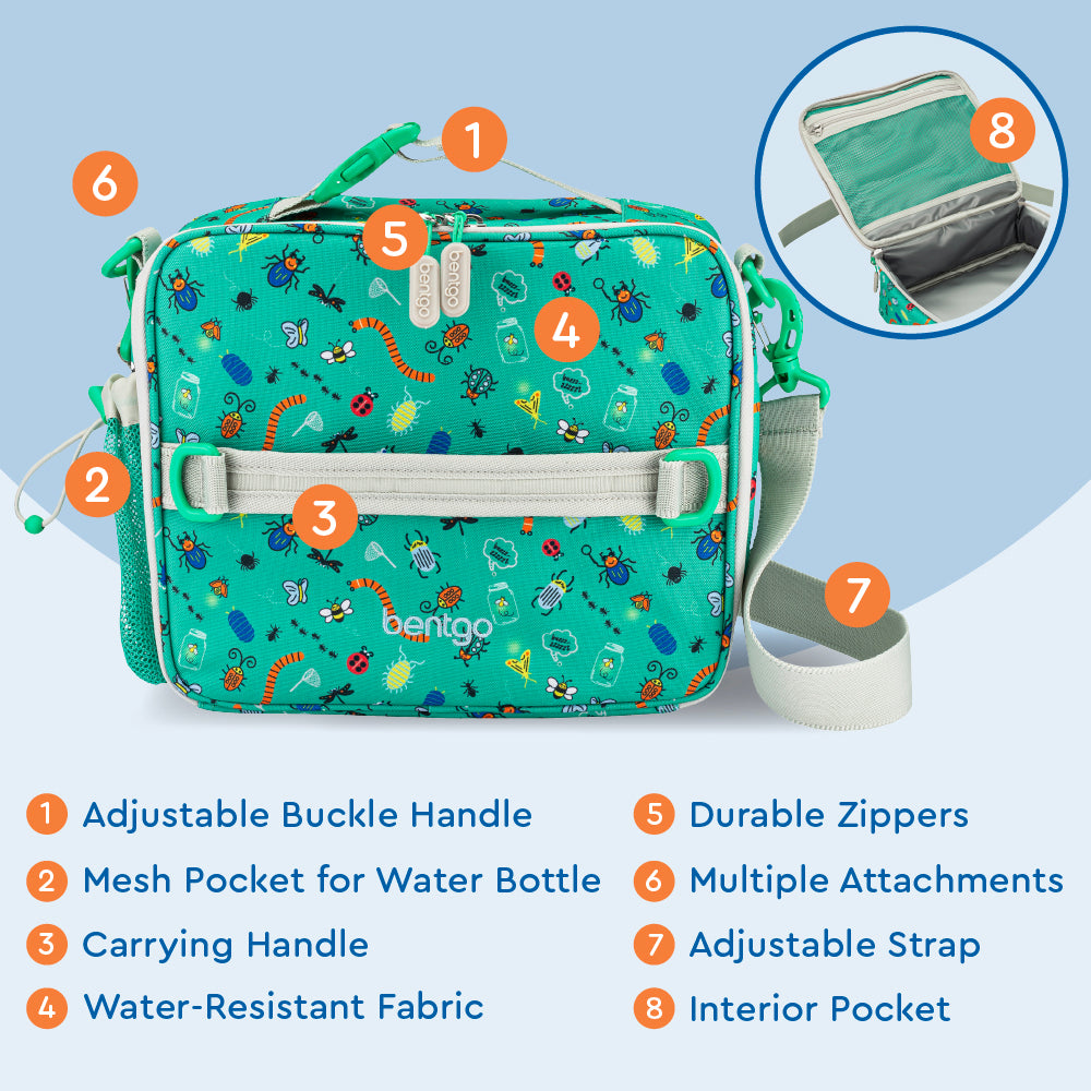 Bentgo® Kids Prints Lunch Bag - Bug Buddies | Adjustable Buckle Handle, Mesh Pocket for Water Bottle, Carrying Handle, Water-Resistant Fabric, Durable Zippers, Multiple Attachments, Adjustable Strap, Interior Pocket