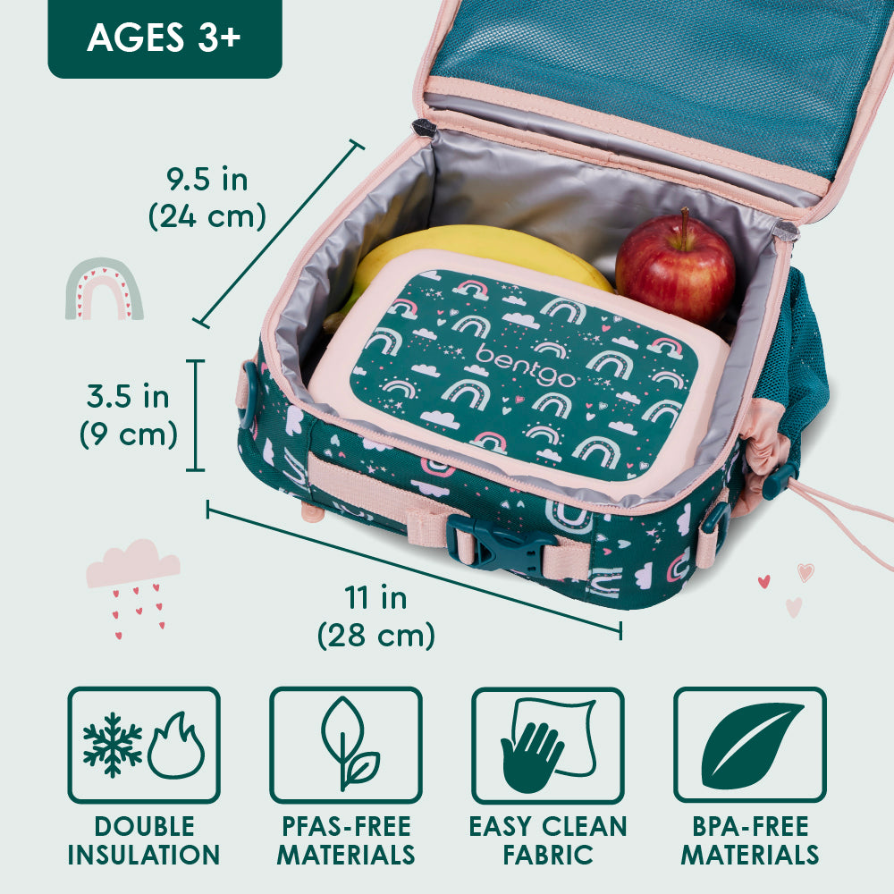 Bentgo® Kids Prints Lunch Bag - Green Rainbow | Double Insulation, NO PFAS & BPA-Free, Easy Clean Fabric, Lightweight & Comfortable