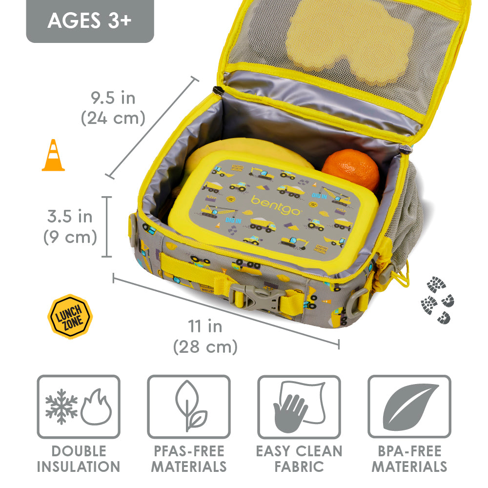 Bentgo® Kids Prints Lunch Bag - Construction Trucks | Double Insulation, NO PFAS & BPA-Free, Easy Clean Fabric, Lightweight & Comfortable