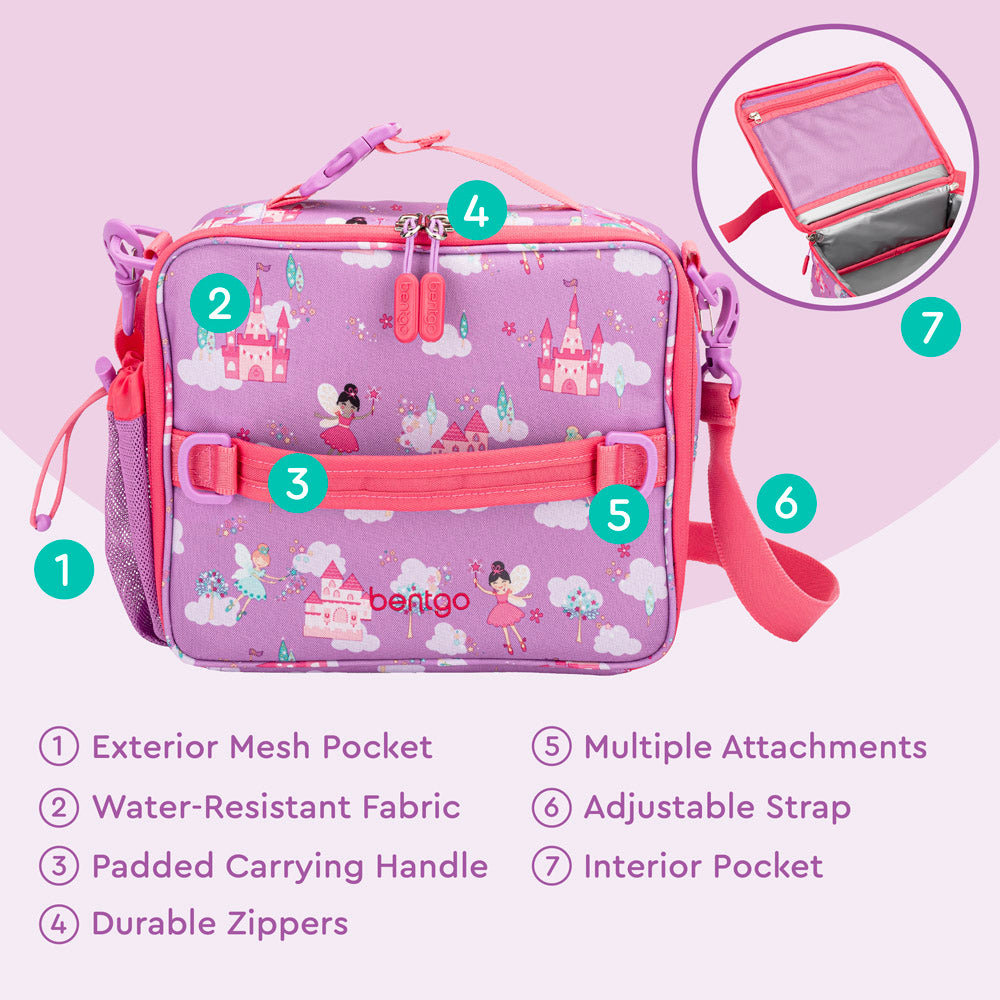 Bentgo® Kids Prints Lunch Bag | Fairies - Lunch Bag Features Include An Exterior Mesh Pocket, Padded Carrying Handle, Durable Zippers, and much more