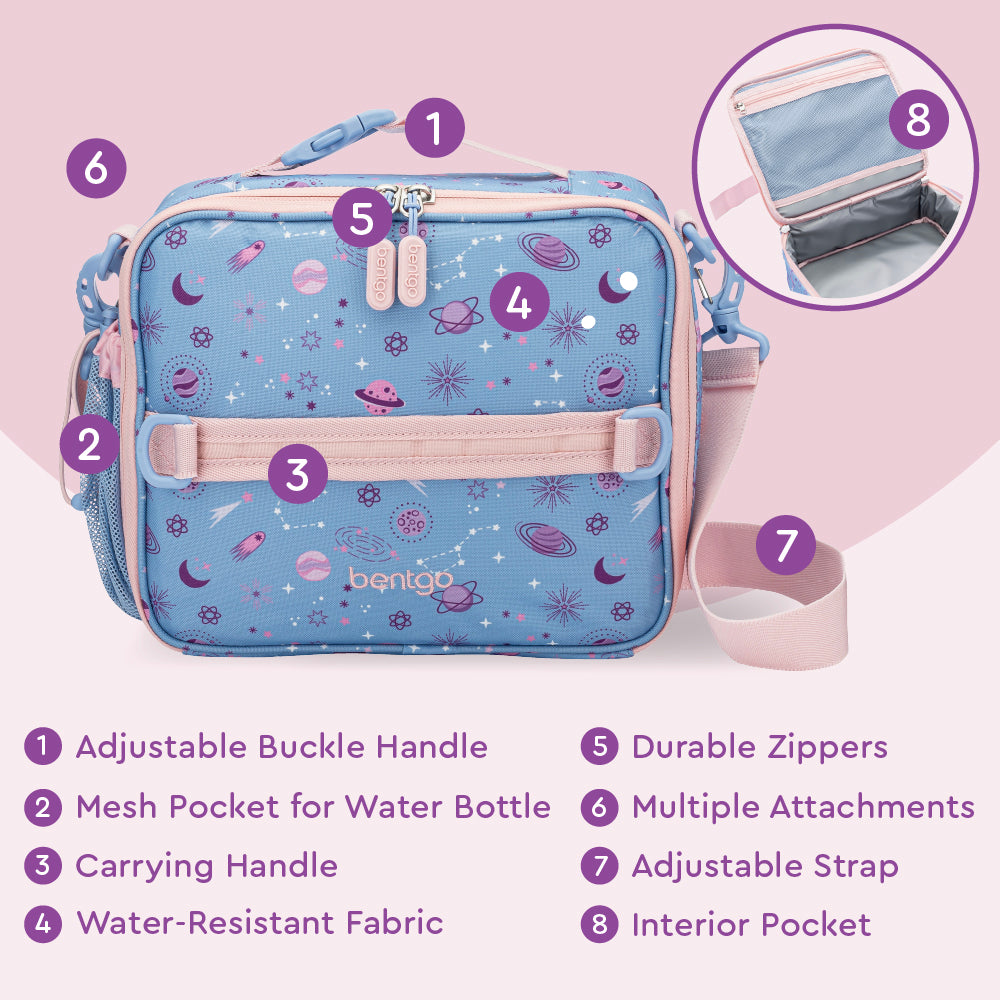 Bentgo® Kids Prints Lunch Bag - Lavender Galaxy | Adjustable Buckle Handle, Mesh Pocket for Water Bottle, Carrying Handle, Water-Resistant Fabric, Durable Zippers, Multiple Attachments, Adjustable Strap, Interior Pocket