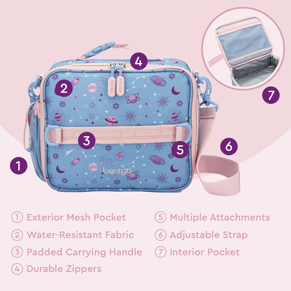 Bentgo® Kids Prints Lunch Bag | Lavender Galaxy - Lunch Bag Features Include An Exterior Mesh Pocket, Padded Carrying Handle, Durable Zippers, and much more