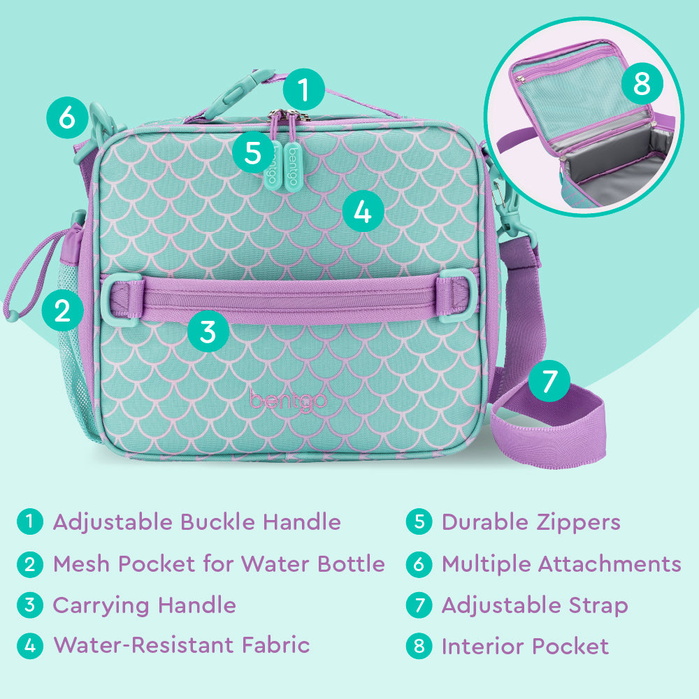 Bentgo® Kids Prints Lunch Bag - Mermaid Scales | Adjustable Buckle Handle, Mesh Pocket for Water Bottle, Carrying Handle, Water-Resistant Fabric, Durable Zippers, Multiple Attachments, Adjustable Strap, Interior Pocket