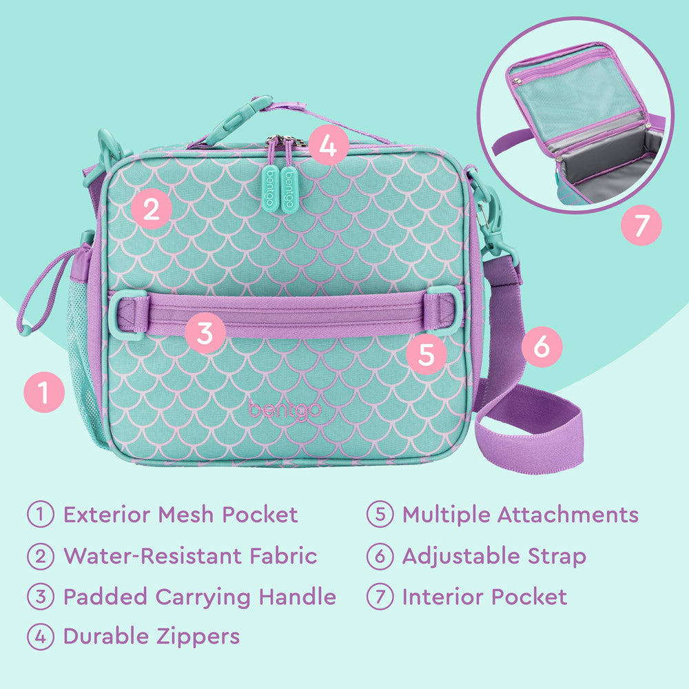 Bentgo® Kids Prints Lunch Bag | Mermaid Scales - Lunch Bag Features Include An Exterior Mesh Pocket, Padded Carrying Handle, Durable Zippers, and much more