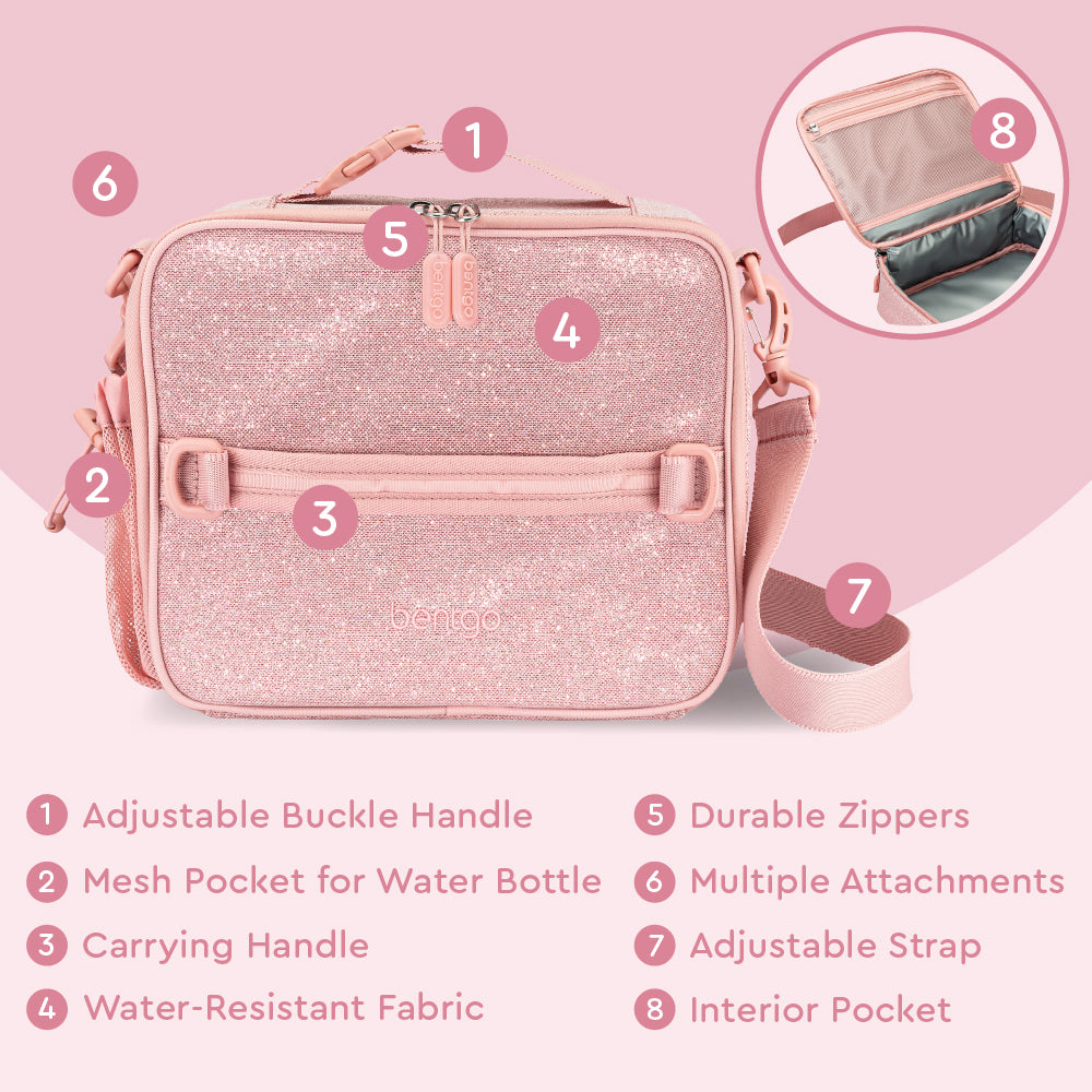 Bentgo® Kids Lunch Bag - Petal Pink Glitter | Adjustable Buckle Handle, Mesh Pocket for Water Bottle, Carrying Handle, Water-Resistant Fabric, Durable Zippers, Multiple Attachments, Adjustable Strap, Interior Pocket