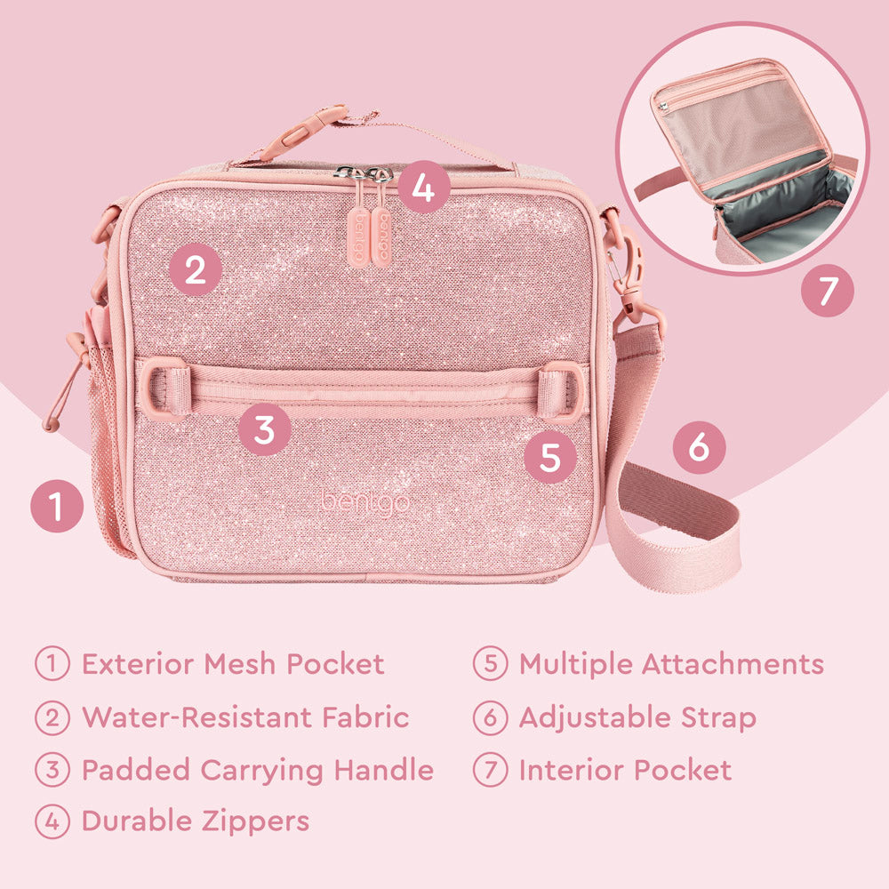 Bentgo® Kids Lunch Bag | Petal Pink Glitter - Lunch Bag Features Include An Exterior Mesh Pocket, Padded Carrying Handle, Durable Zippers, and much more