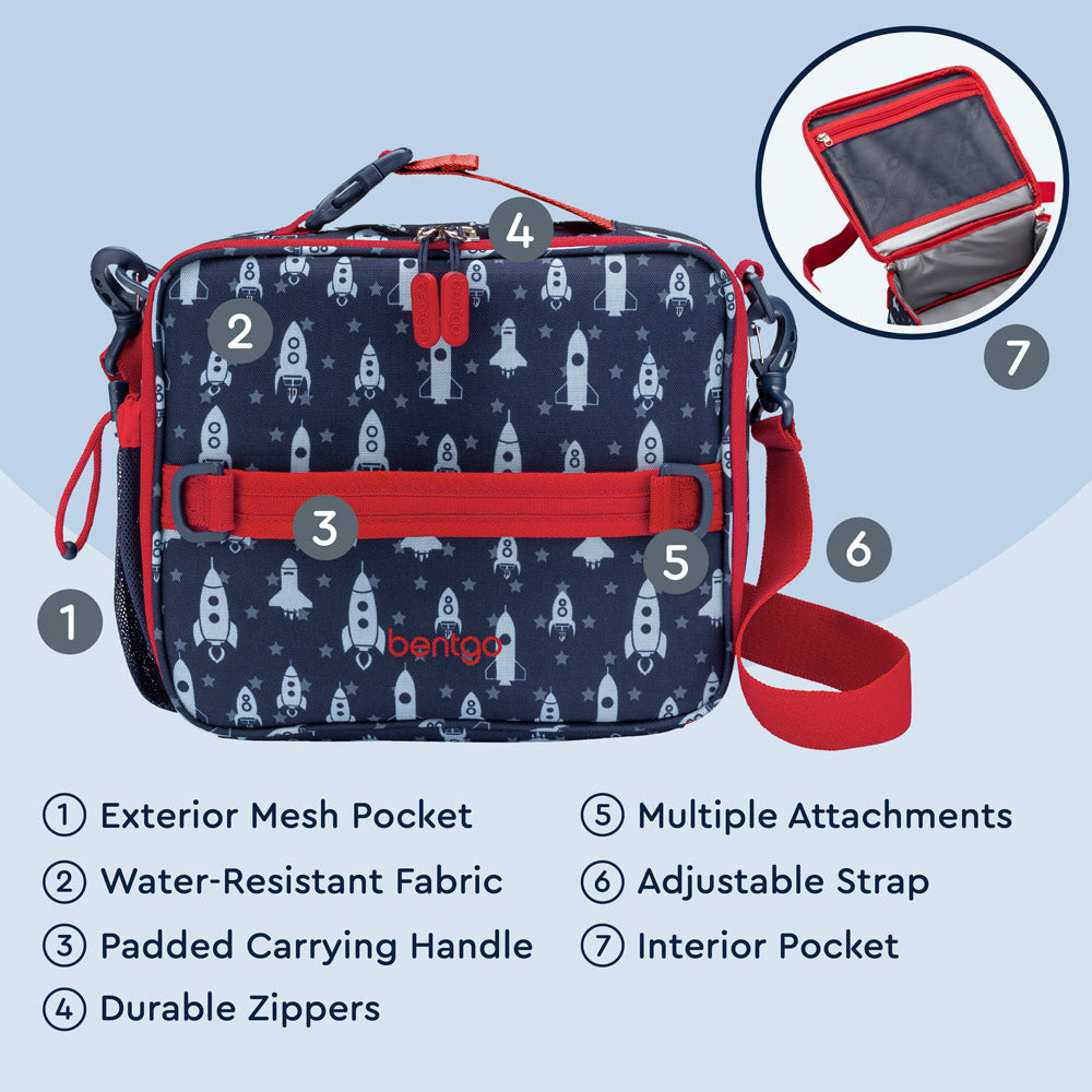 Bentgo® Kids Prints Lunch Bag | Space Rockets - Lunch Bag Features Include An Exterior Mesh Pocket, Padded Carrying Handle, Durable Zippers, and much more