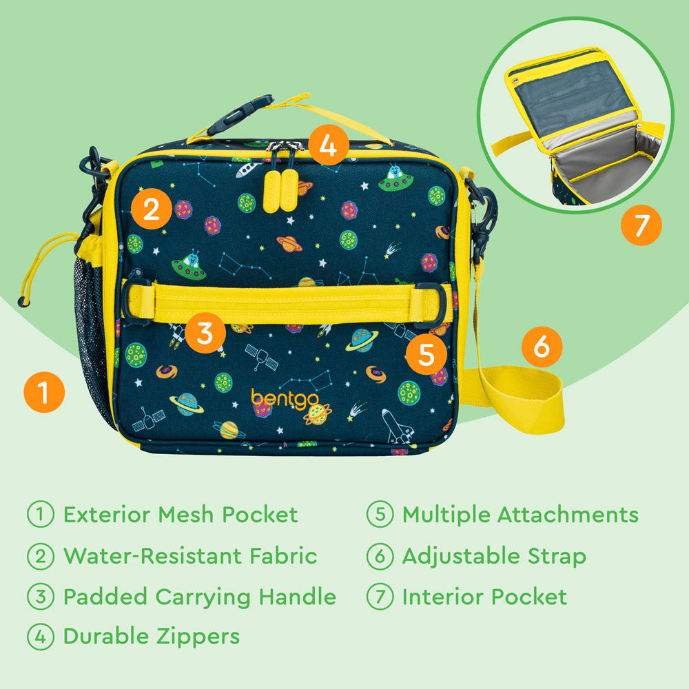 Bentgo® Kids Prints Lunch Bag | Space - Lunch Bag Features Include An Exterior Mesh Pocket, Padded Carrying Handle, Durable Zippers, and much more