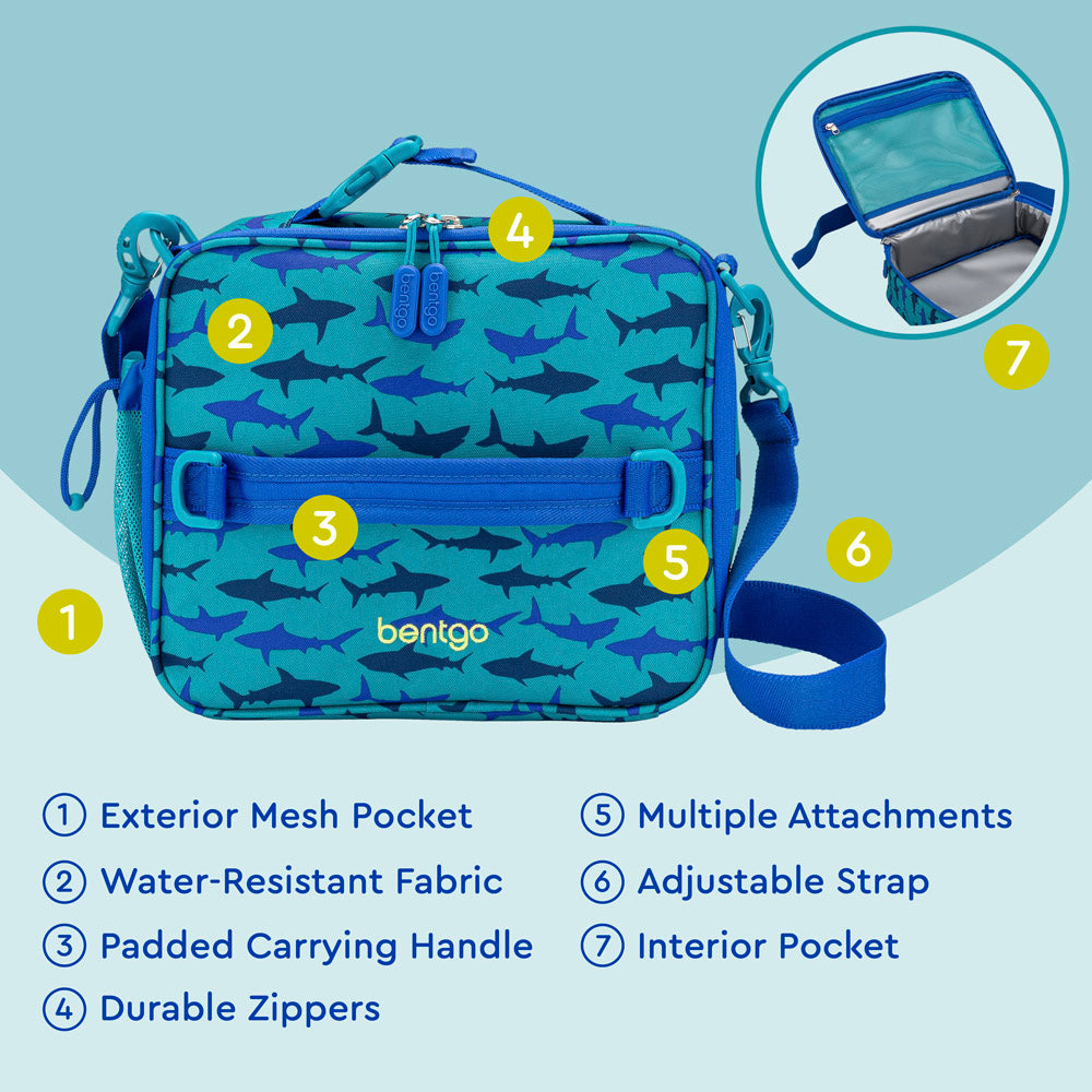 Bentgo® Kids Prints Lunch Bag | Sharks - Lunch Bag Features Include An Exterior Mesh Pocket, Padded Carrying Handle, Durable Zippers, and much more
