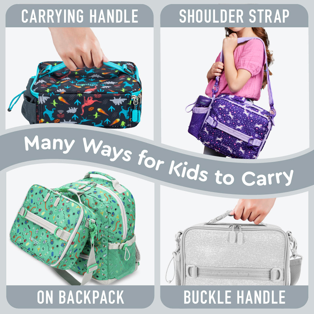 Bentgo® Kids Lunch Bag - Silver Glitter | Many Ways For Kids To Carry - Carrying Handle, Shoulder Strap, On Backpack, And Buckle Handle